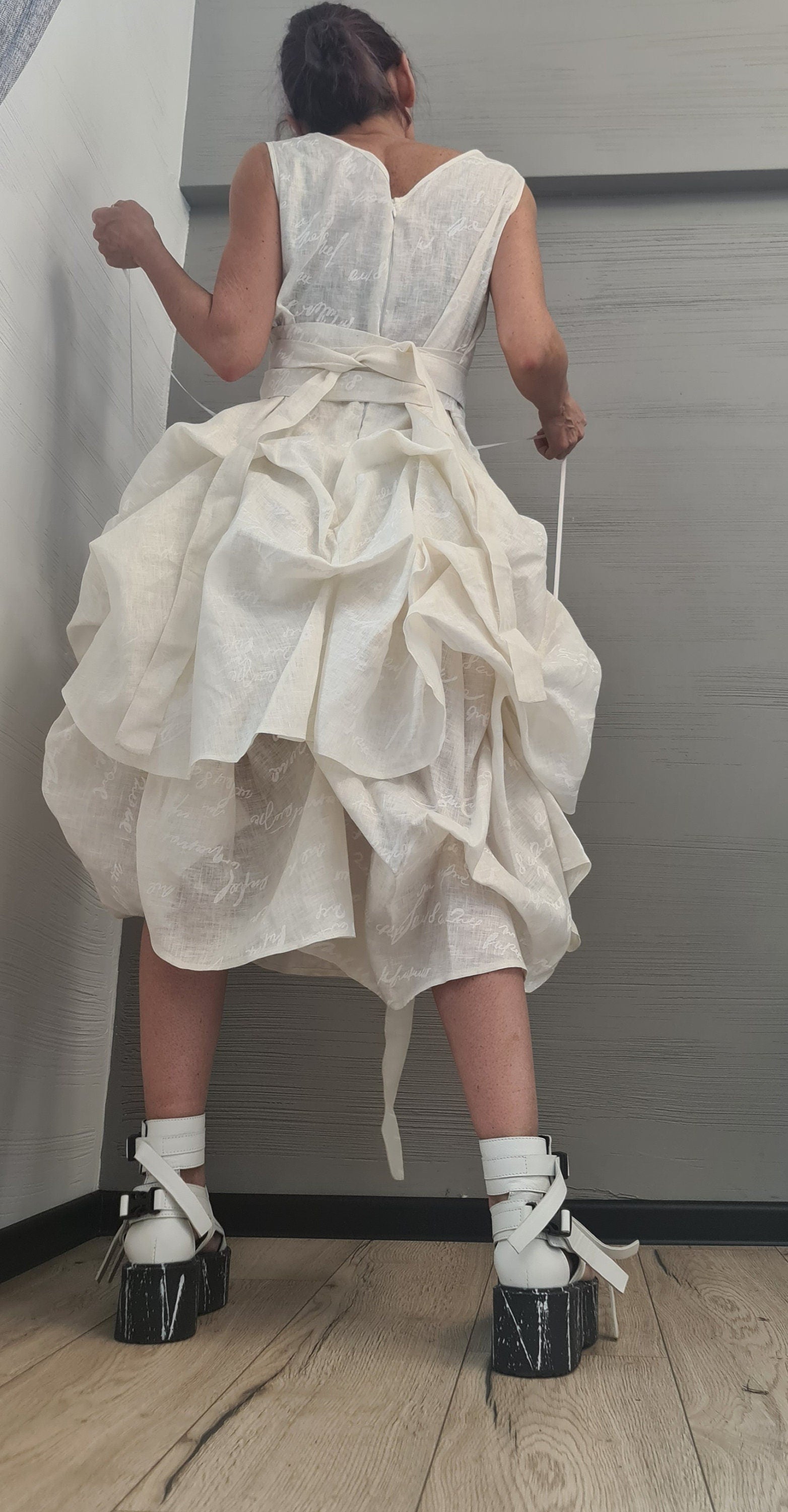 Linen Extravagant Dress, Asymmetric Sleeveless Dress,Champagne color with white lettering ,Sexy Dress, Wedding dress, Party dress