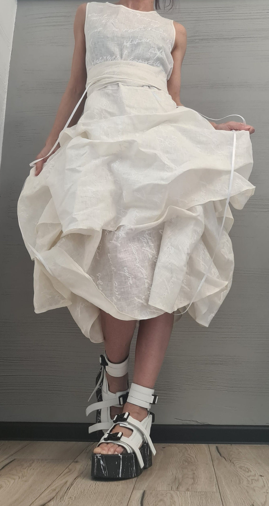 Linen Extravagant Dress, Asymmetric Sleeveless Dress,Champagne color with white lettering ,Sexy Dress, Wedding dress, Party dress