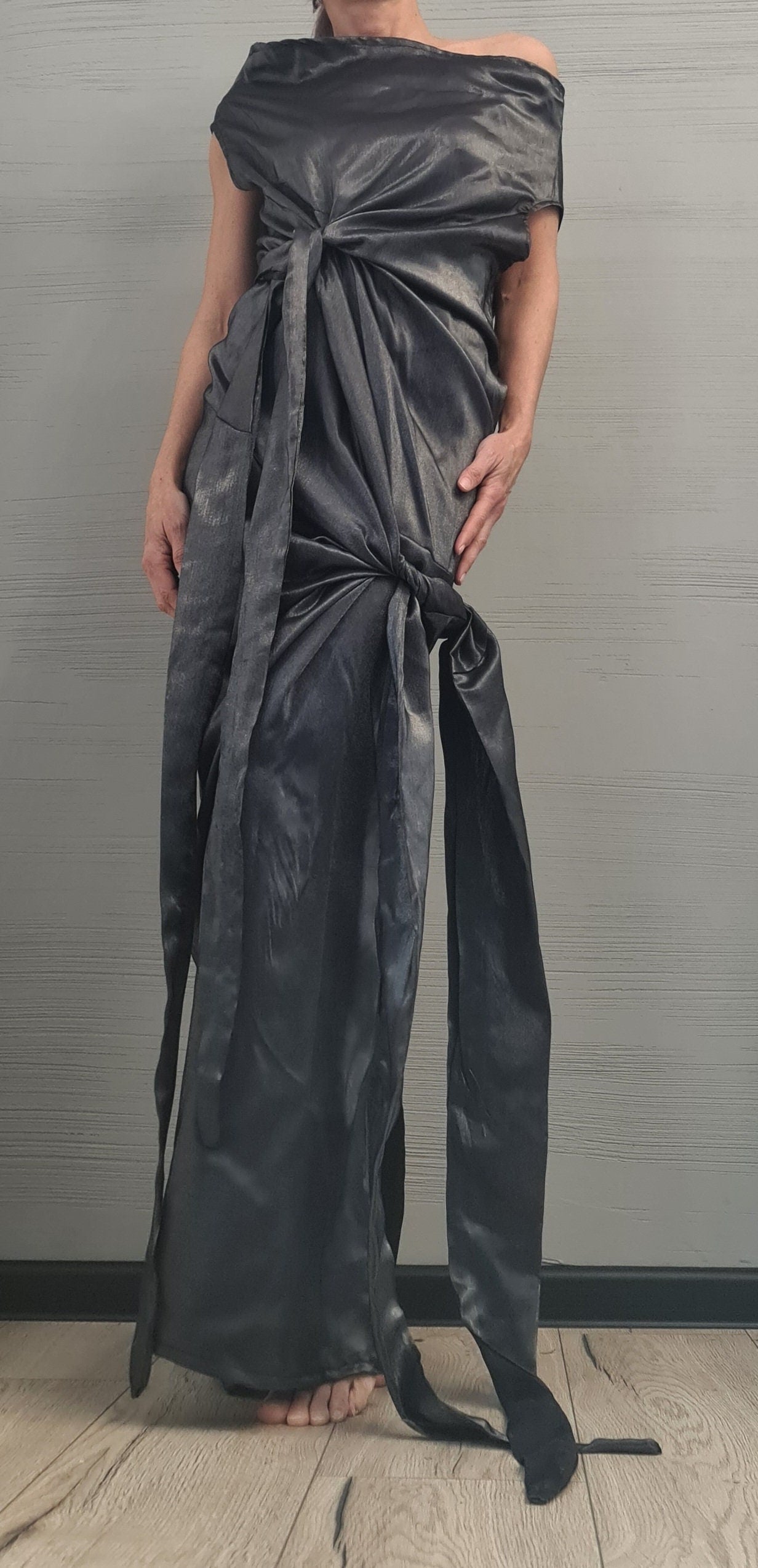 Dark silver Extravagant Asymmetric Long Dress, Sleeveless Dress, One Shoulder, Cocktail dress,  Party dress, Wedding dress, Evening dress