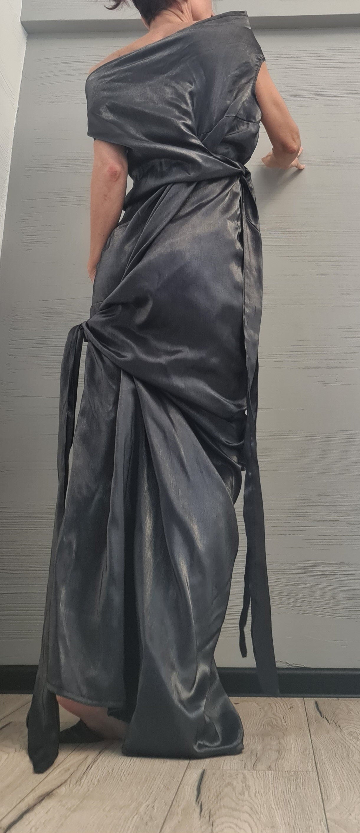 Dark silver Extravagant Asymmetric Long Dress, Sleeveless Dress, One Shoulder, Cocktail dress,  Party dress, Wedding dress, Evening dress