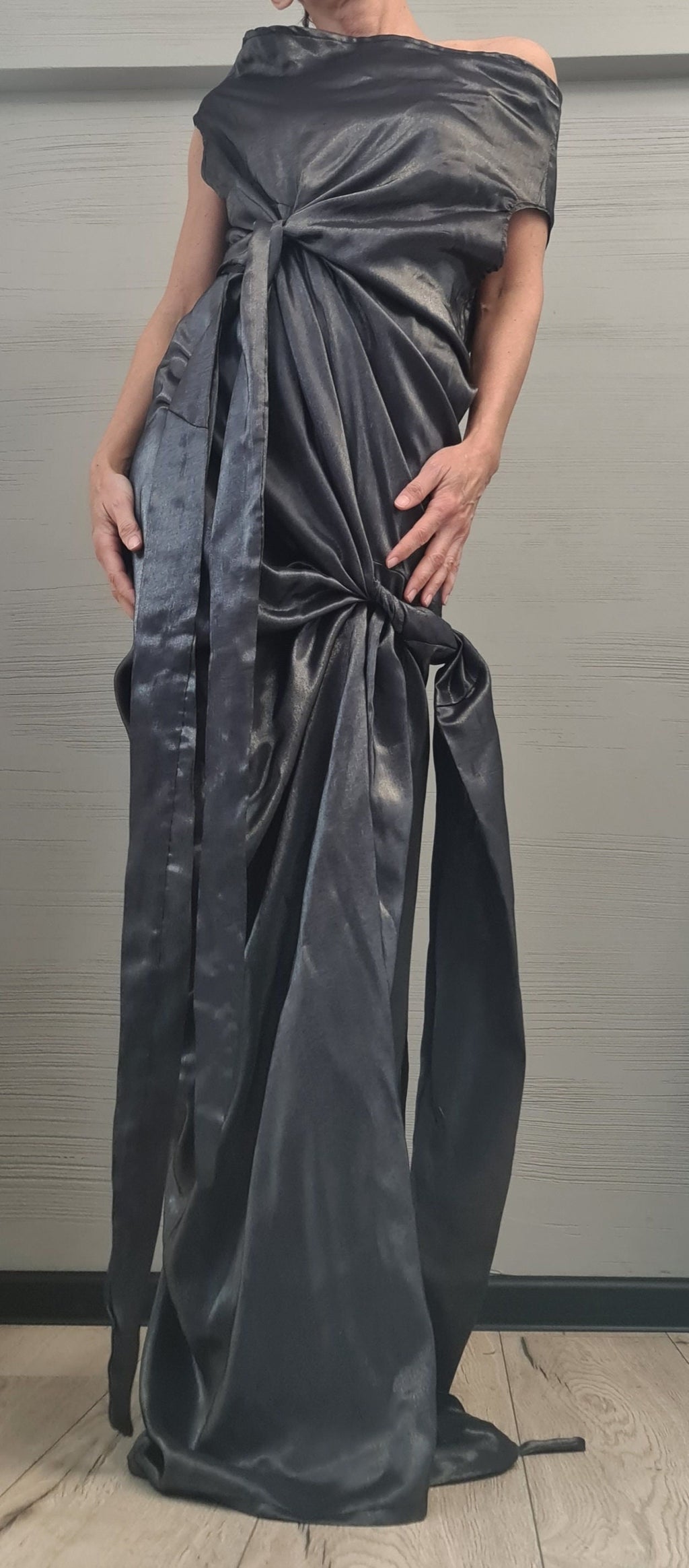 Dark silver Extravagant Asymmetric Long Dress, Sleeveless Dress, One Shoulder, Cocktail dress,  Party dress, Wedding dress, Evening dress