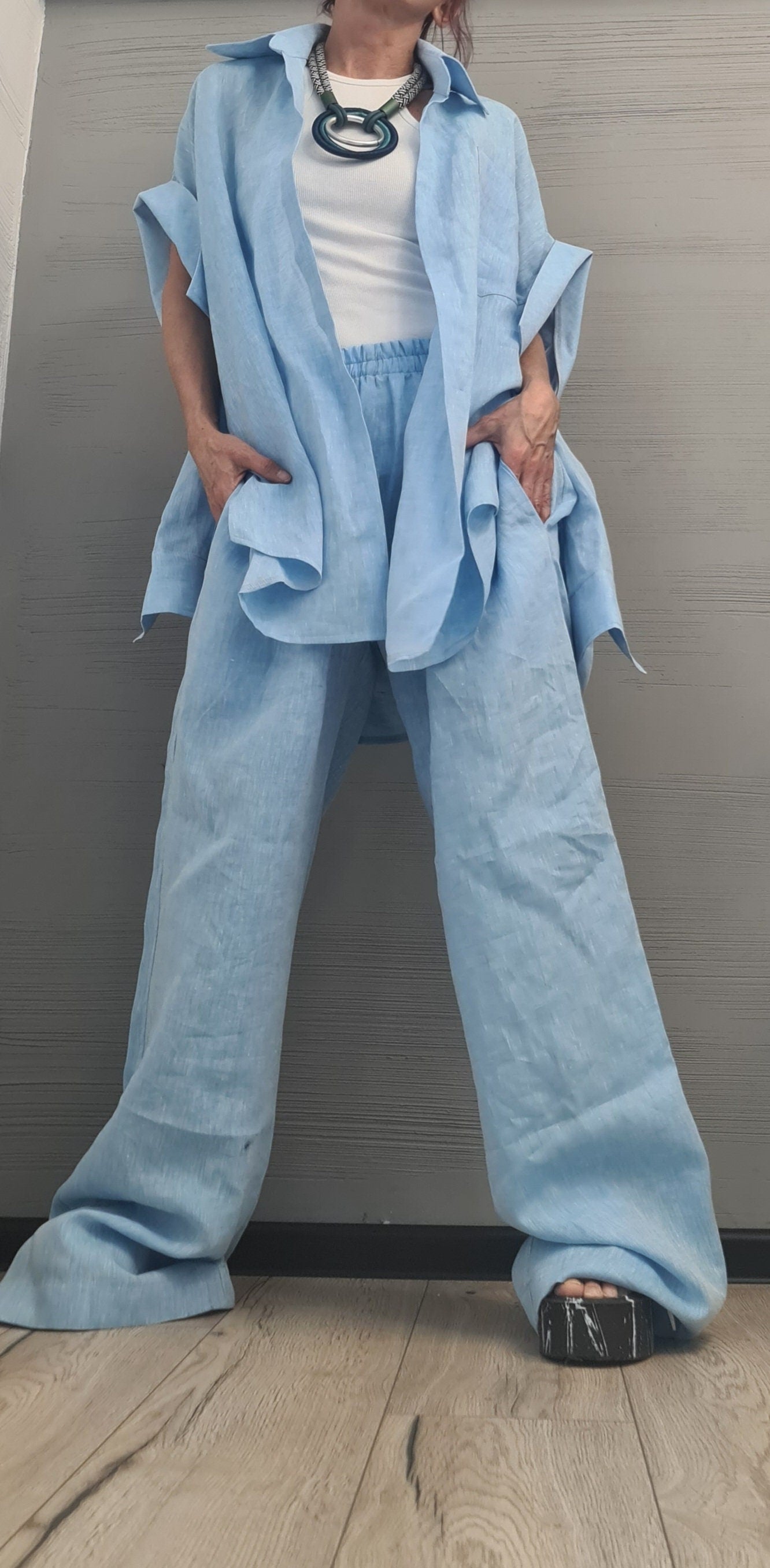 Extravagant Linen Women Set, Sexy Open Shirt, Women Harem Pants, Loose Linen Pants Shirts, Asymmetric Women set, DRESSSHOESCODE