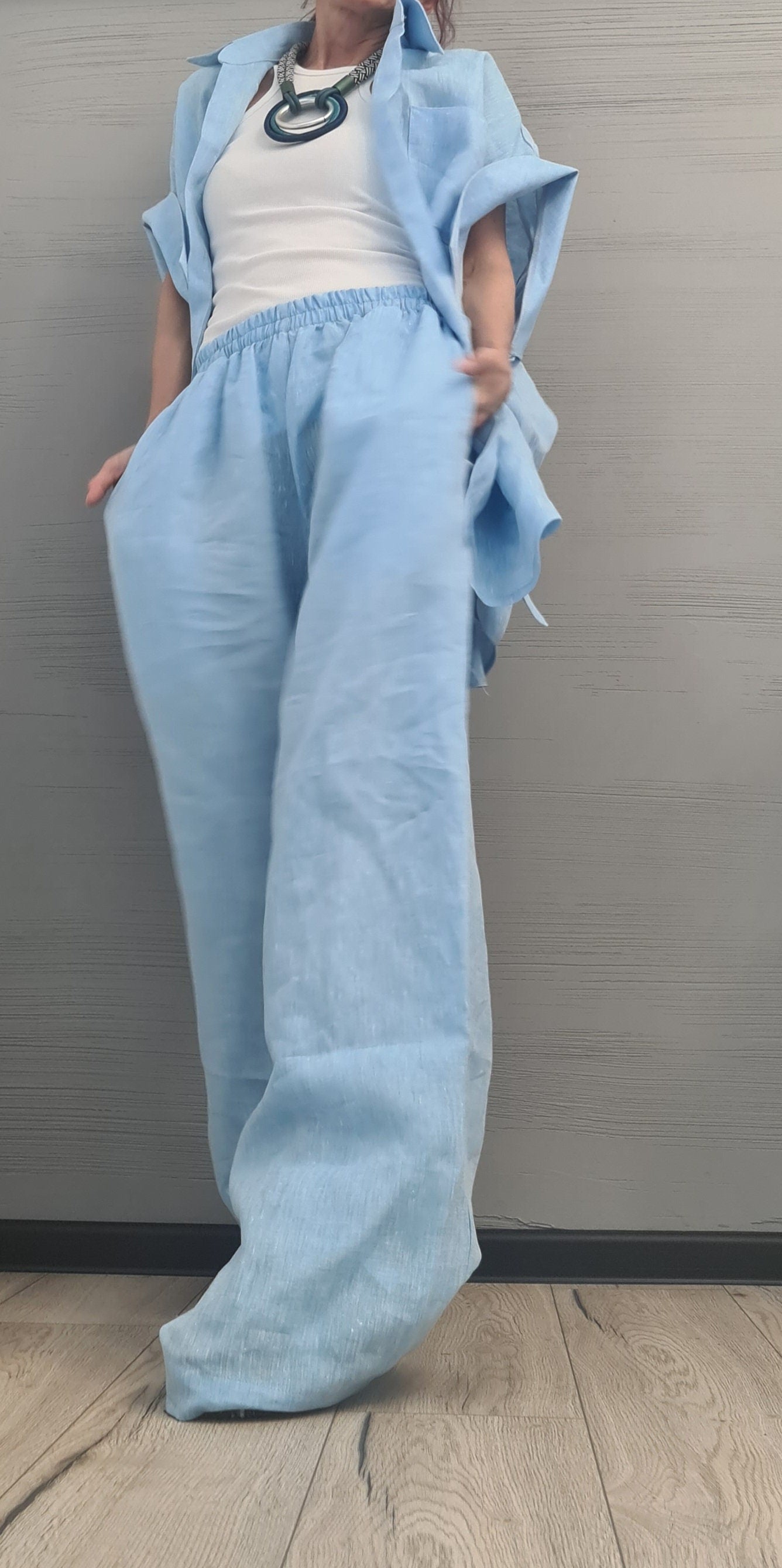 Extravagant Linen Women Set, Sexy Open Shirt, Women Harem Pants, Loose Linen Pants Shirts, Asymmetric Women set, DRESSSHOESCODE