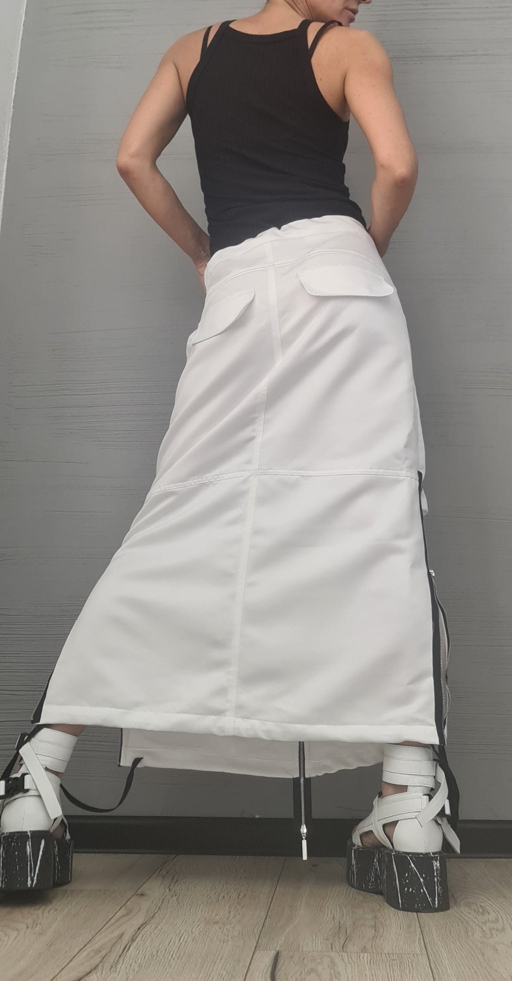New collection White Extravagant Long Skirt, Cotton Skirt, Deconstructed Avant Garde Skirt Outside Pockets, Sexy Skirt