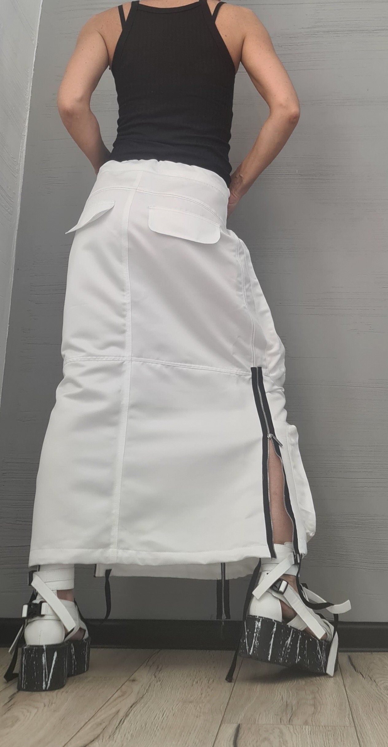 New collection White Extravagant Long Skirt, Cotton Skirt, Deconstructed Avant Garde Skirt Outside Pockets, Sexy Skirt