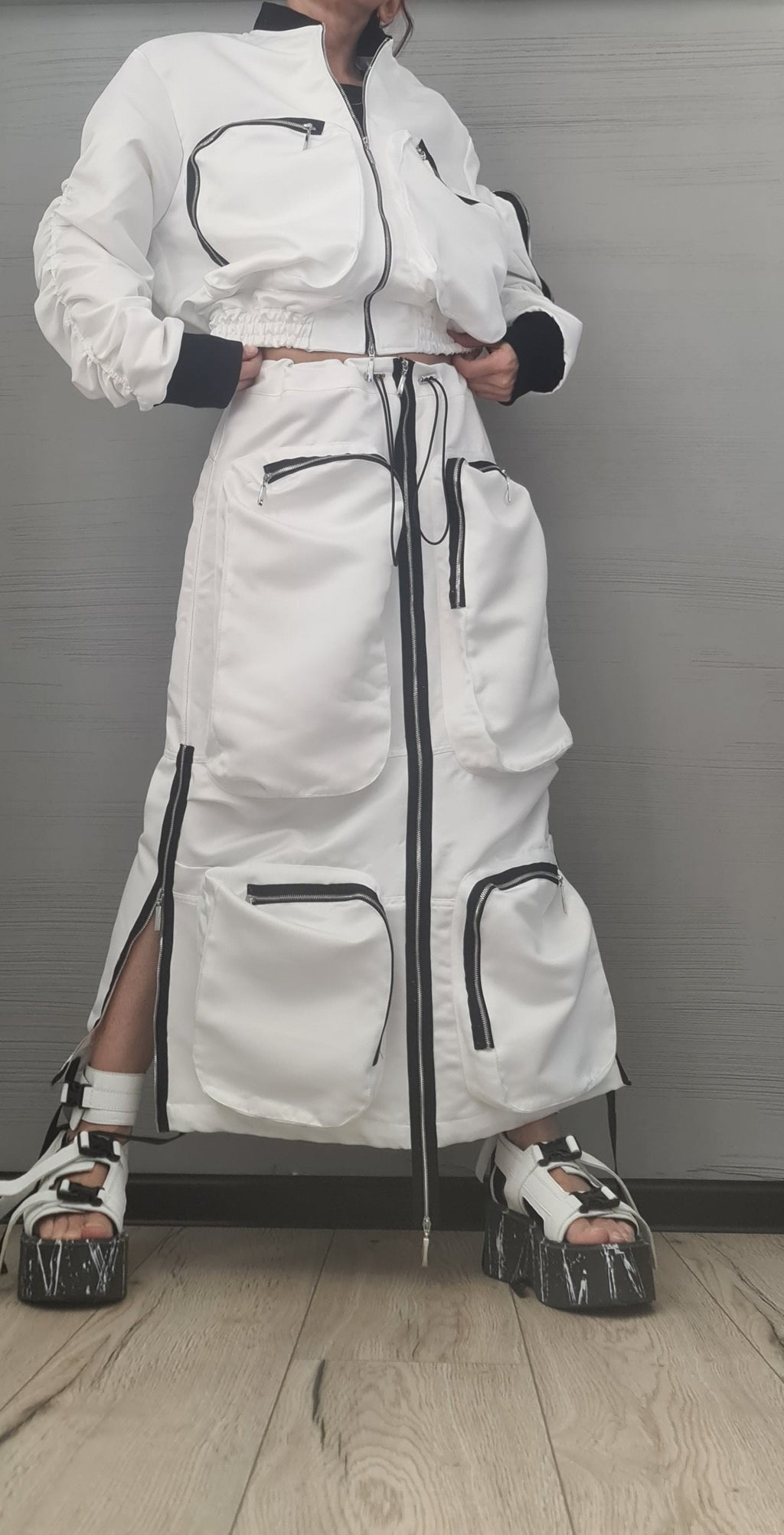 Extravagant Women White Costume, Deconstructed Avant Garde Skirt Outside Pockets, Sexy Skirt, Short jacket with large outer pockets