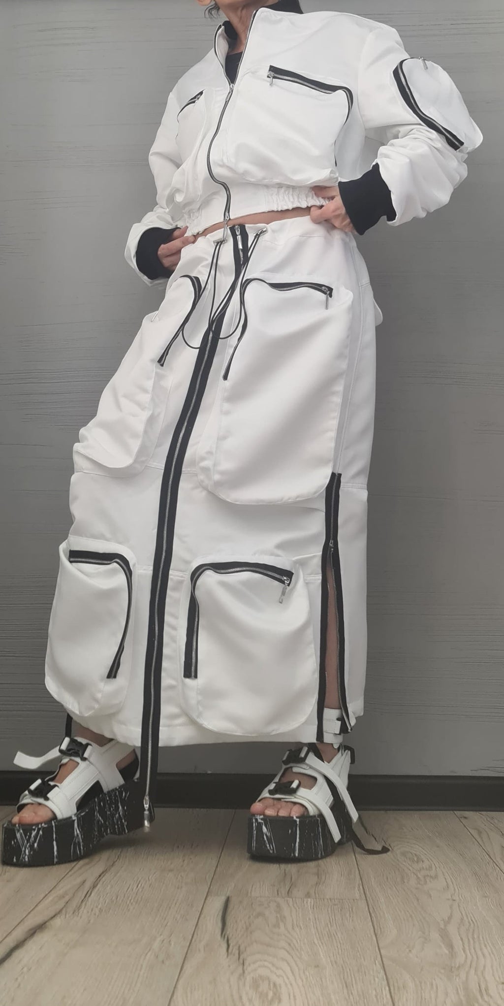 Extravagant Women White Costume, Deconstructed Avant Garde Skirt Outside Pockets, Sexy Skirt, Short jacket with large outer pockets
