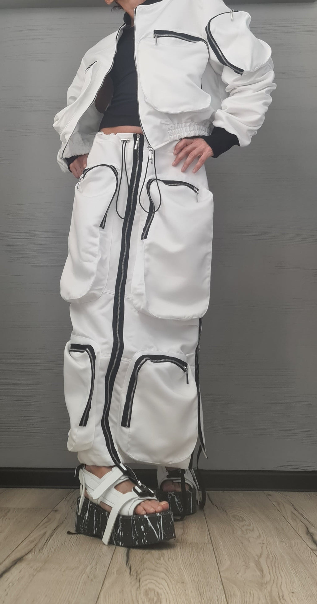 Extravagant Women White Costume, Deconstructed Avant Garde Skirt Outside Pockets, Sexy Skirt, Short jacket with large outer pockets