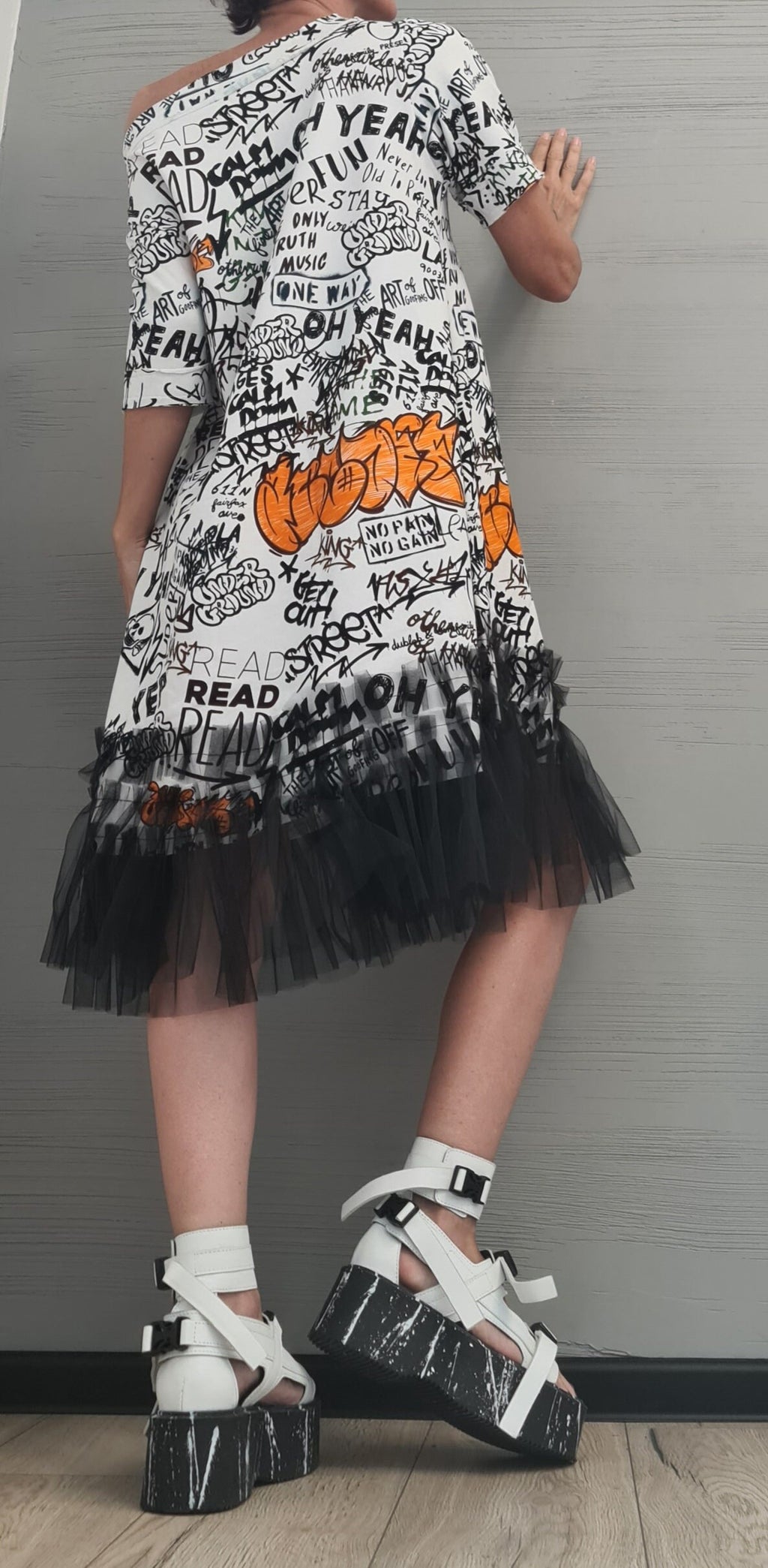 Dress with print, Dress Tunic, Avant Garde Loose Dress, Deconstructed Oversize Dress, Dress with tulle