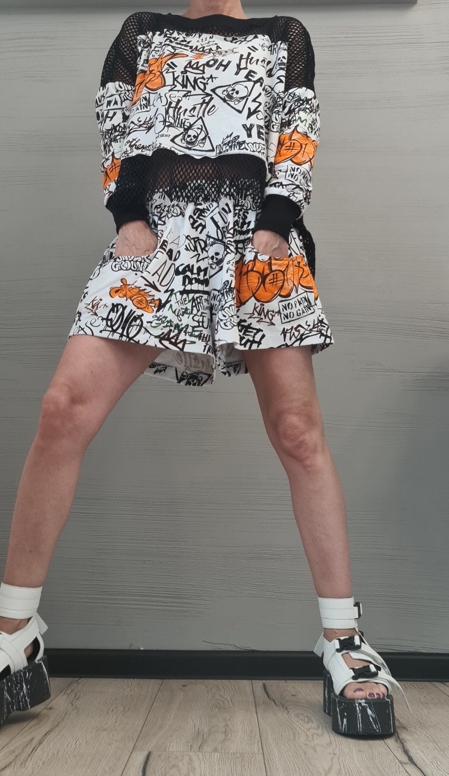 Extravagant Women Set, Graffiti print,  Loose Blouse with Shorts, Sexy Cotton Set,  Asymmetrical Top, Two Piece Set, Casual Outfit