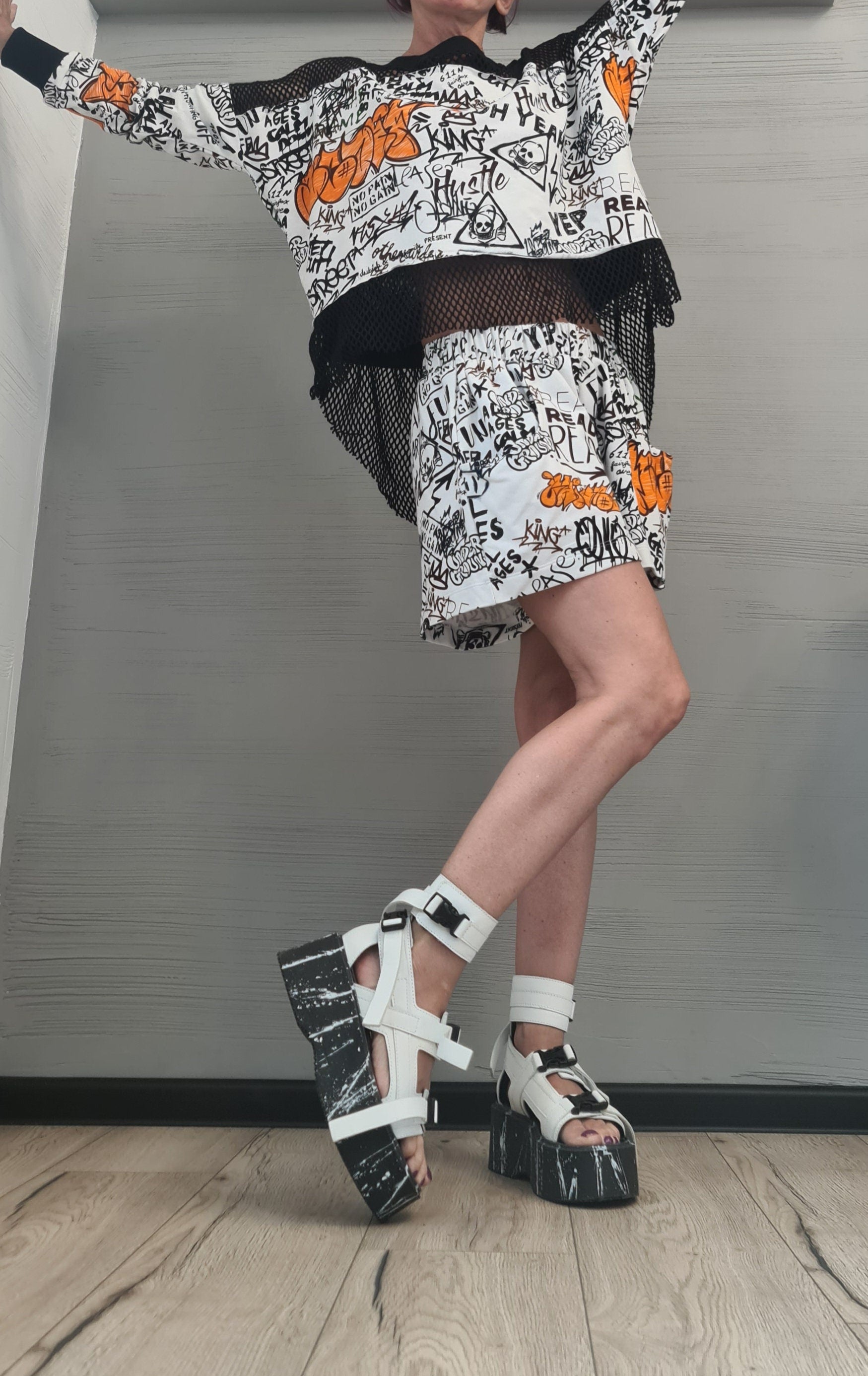 Extravagant Women Set, Graffiti print,  Loose Blouse with Shorts, Sexy Cotton Set,  Asymmetrical Top, Two Piece Set, Casual Outfit