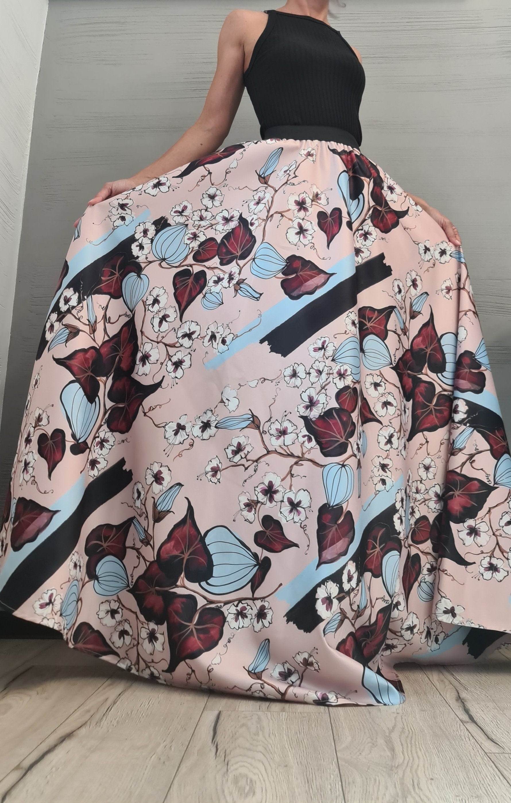 Satin Ball Skirt, Cocktail Skirt, Gothic Skirt, Circle Skirt, Wedding Skirt, Floral print