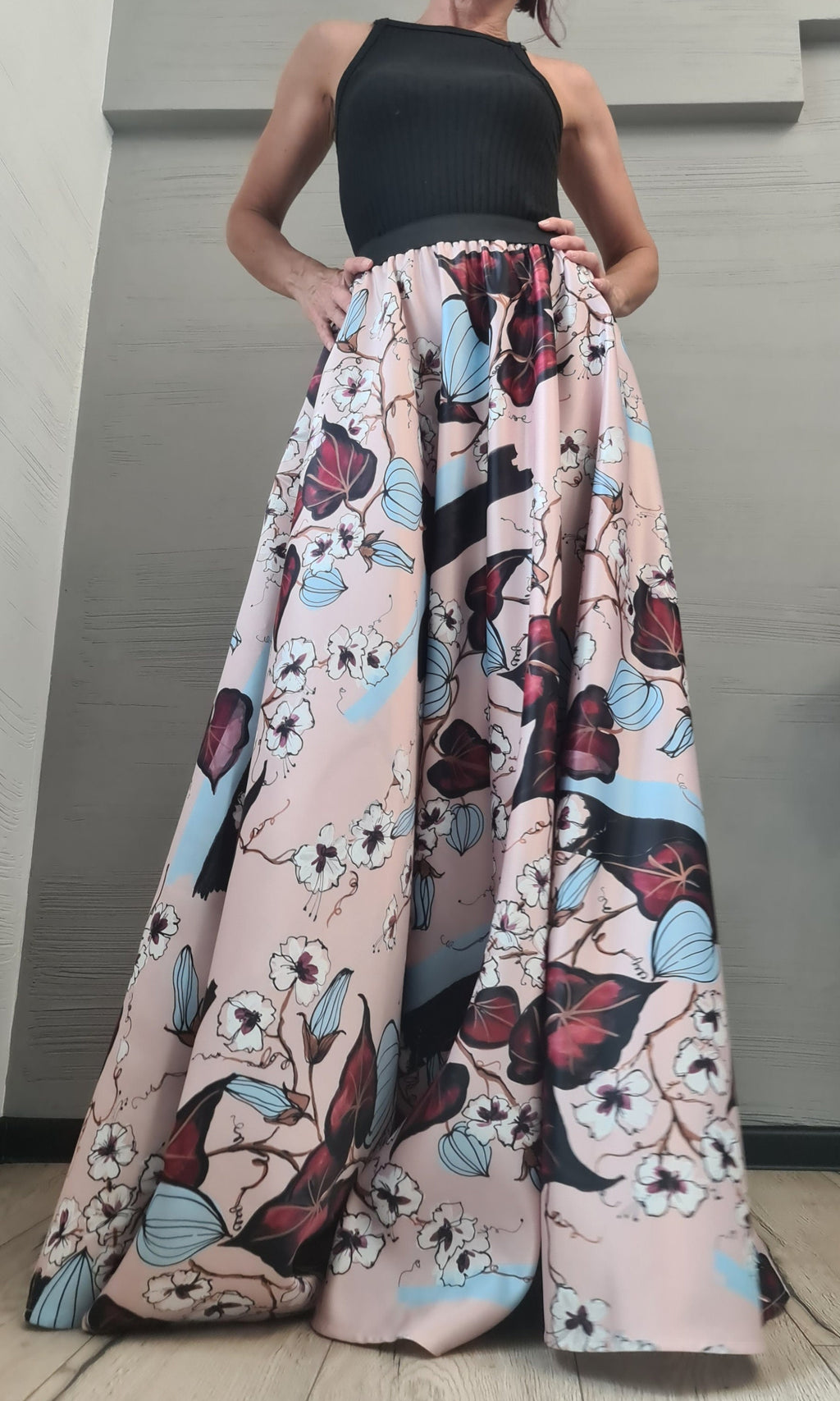 Satin Ball Skirt, Cocktail Skirt, Gothic Skirt, Circle Skirt, Wedding Skirt, Floral print