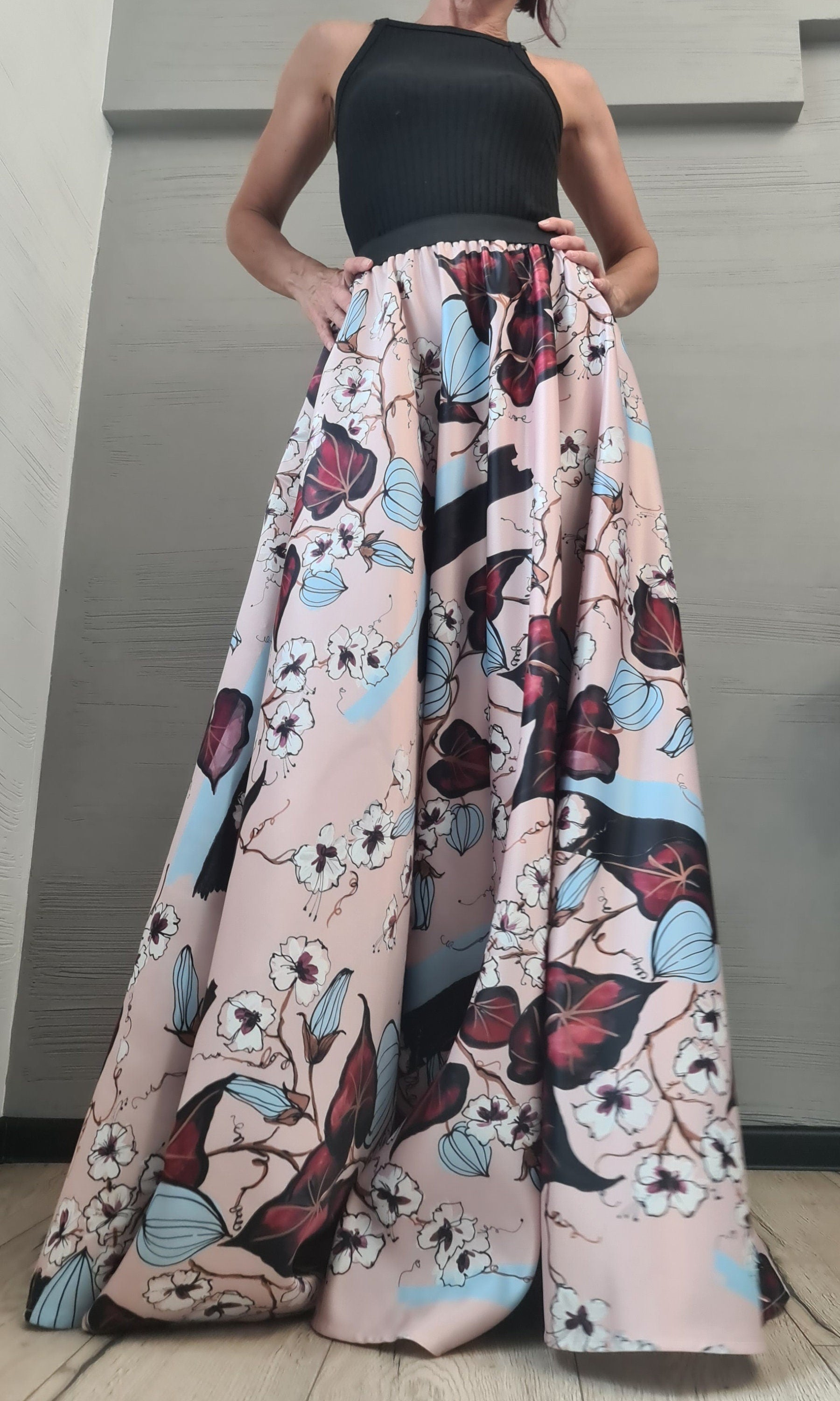 Satin Ball Skirt, Cocktail Skirt, Gothic Skirt, Circle Skirt, Wedding Skirt, Floral print