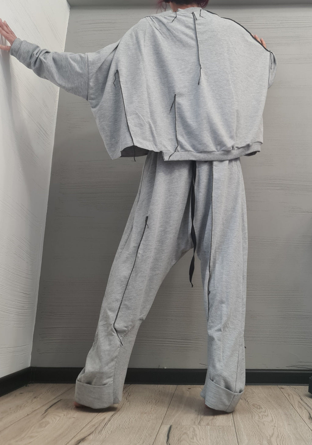New collection Extravagant Grey Women Cotton Set, Harem Pants, Loose Set, Asymmetrical Set