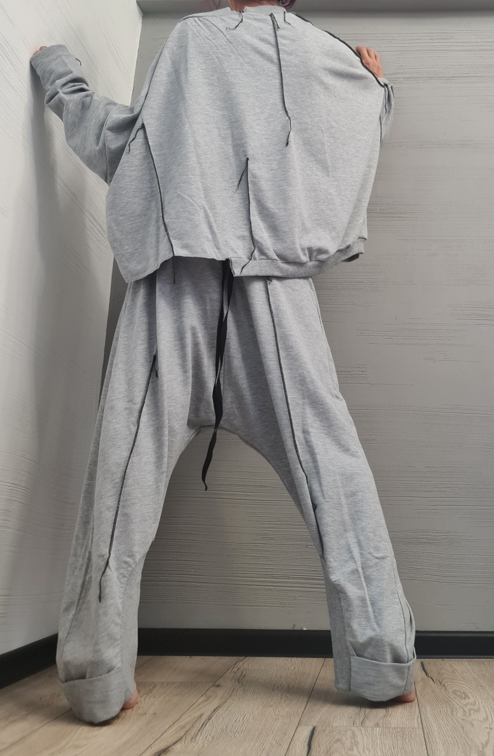 New collection Extravagant Grey Women Cotton Set, Harem Pants, Loose Set, Asymmetrical Set