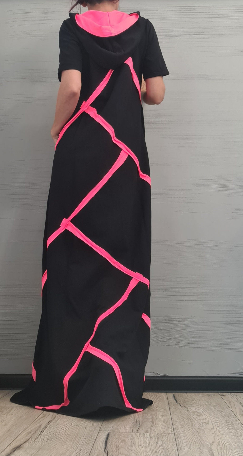 Long Black Hooded Dress, Loose Dress, Cotton Extravagant Dress, Short sleeve Dress, New collection Dress with neon stripes