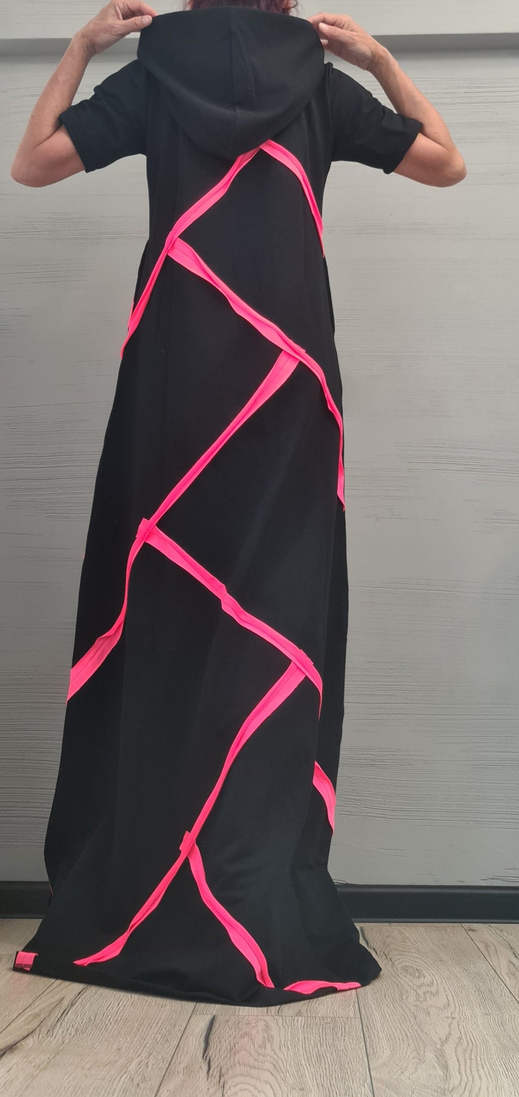 Long Black Hooded Dress, Loose Dress, Cotton Extravagant Dress, Short sleeve Dress, New collection Dress with neon stripes