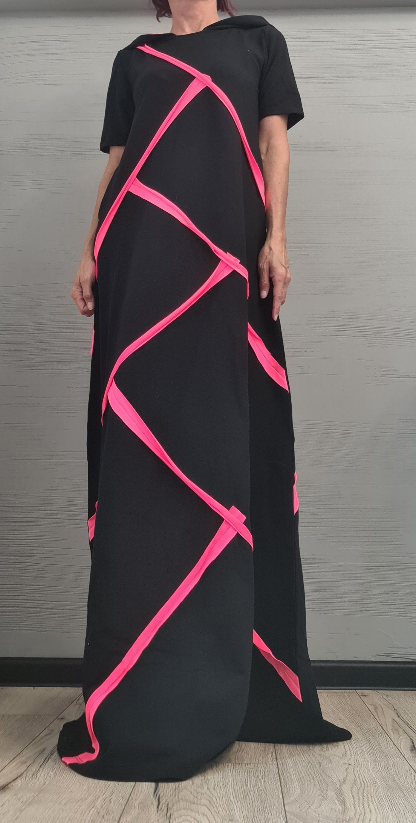 Long Black Hooded Dress, Loose Dress, Cotton Extravagant Dress, Short sleeve Dress, New collection Dress with neon stripes