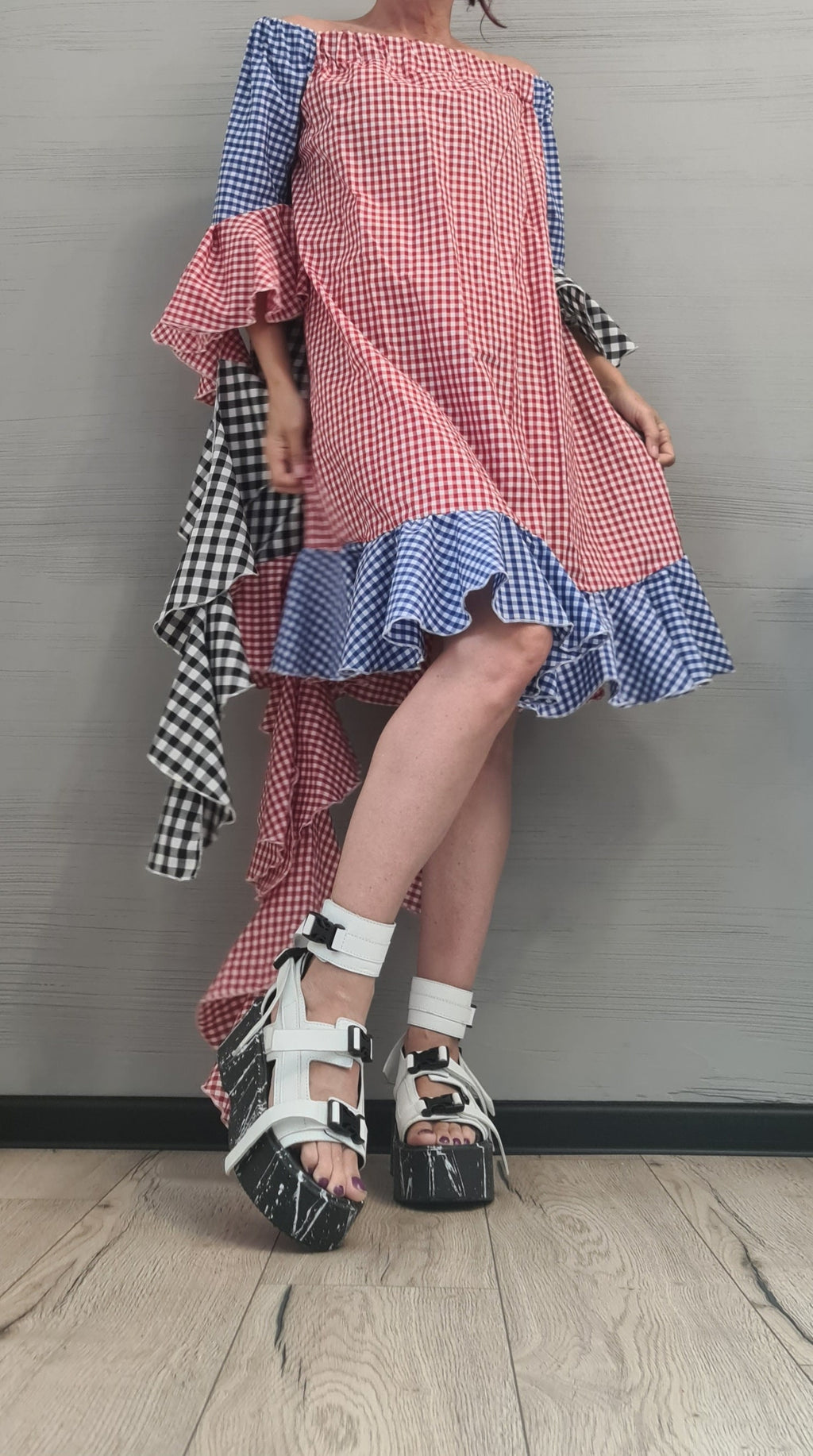 New collection, Extravagant  Dress, Plaid dress, Plus Size Clothing, Asymmetric Dress, Knee Length Dress