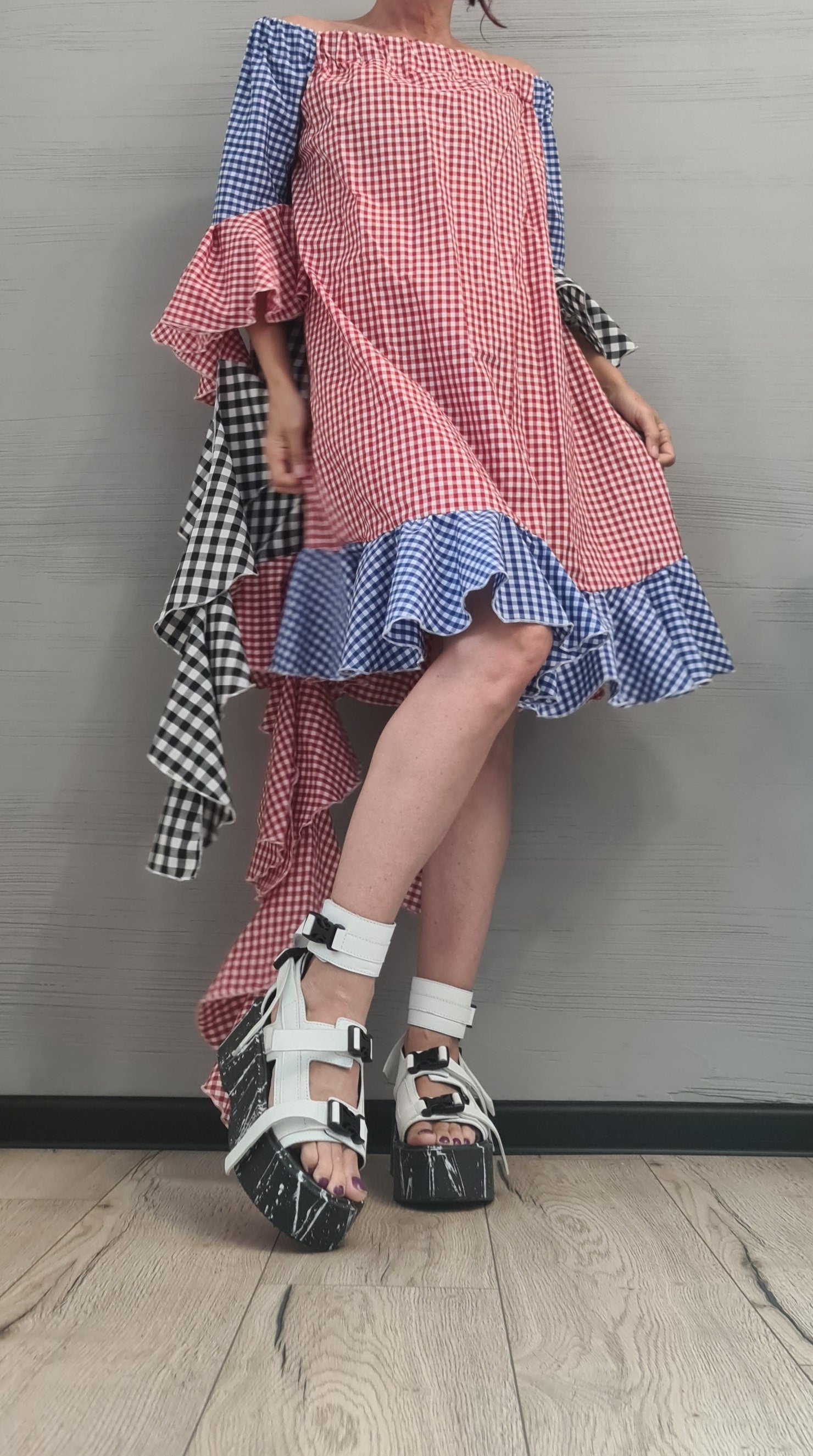 New collection, Extravagant  Dress, Plaid dress, Plus Size Clothing, Asymmetric Dress, Knee Length Dress