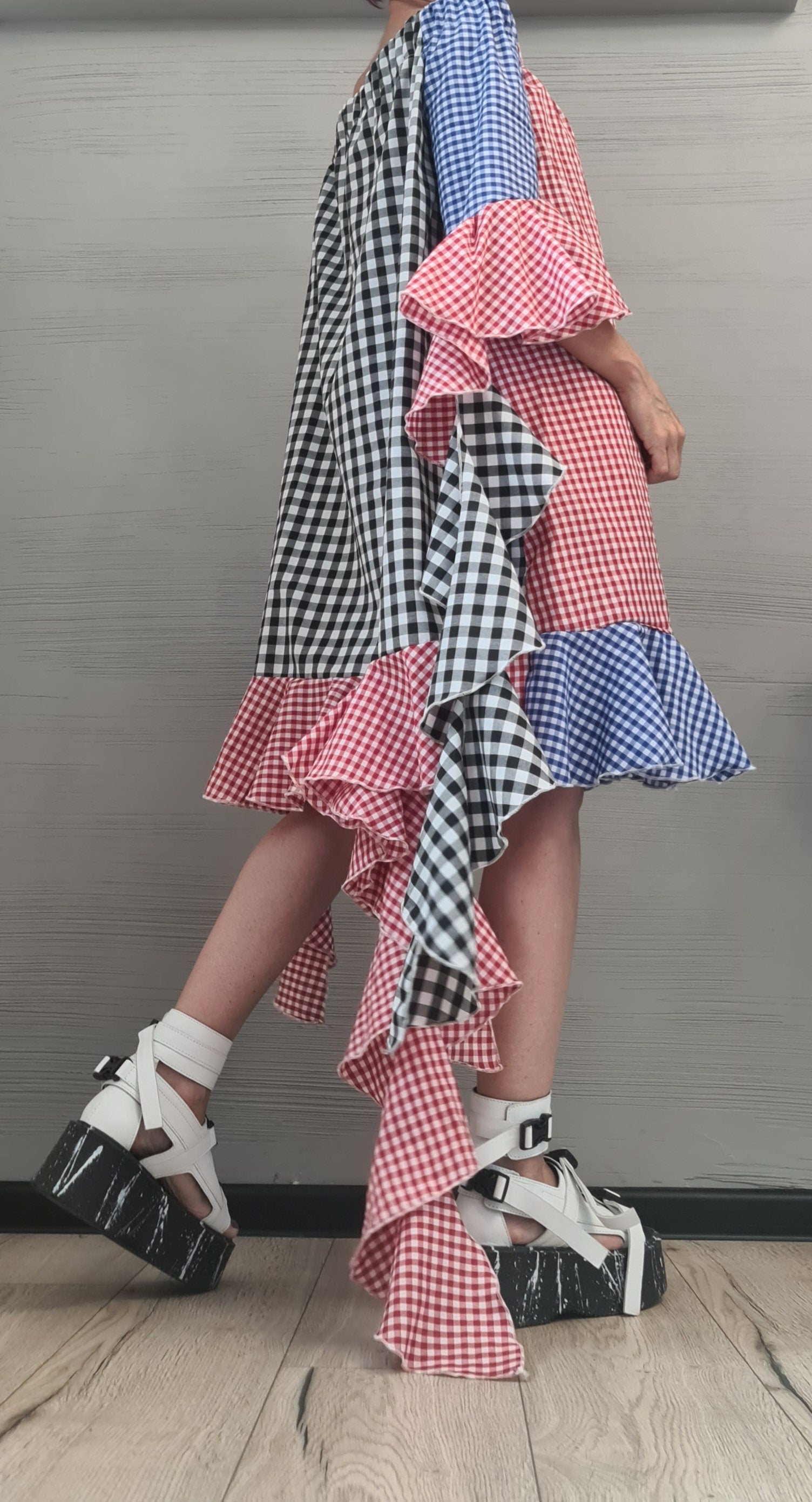 New collection, Extravagant  Dress, Plaid dress, Plus Size Clothing, Asymmetric Dress, Knee Length Dress