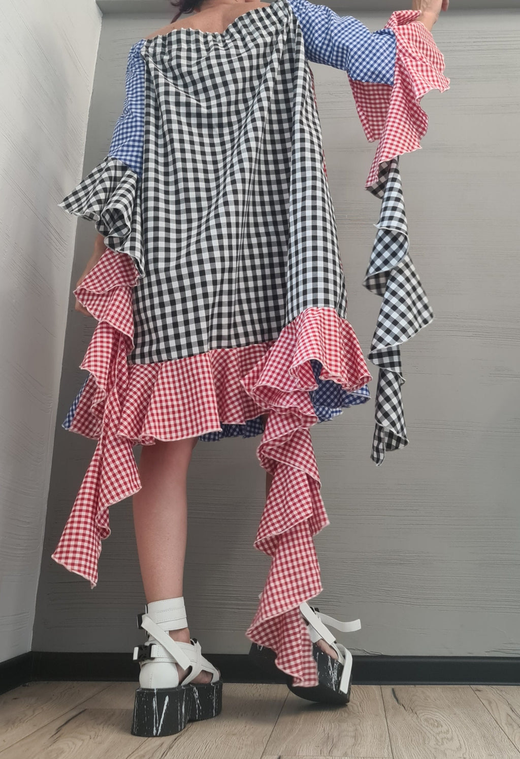 New collection, Extravagant  Dress, Plaid dress, Plus Size Clothing, Asymmetric Dress, Knee Length Dress