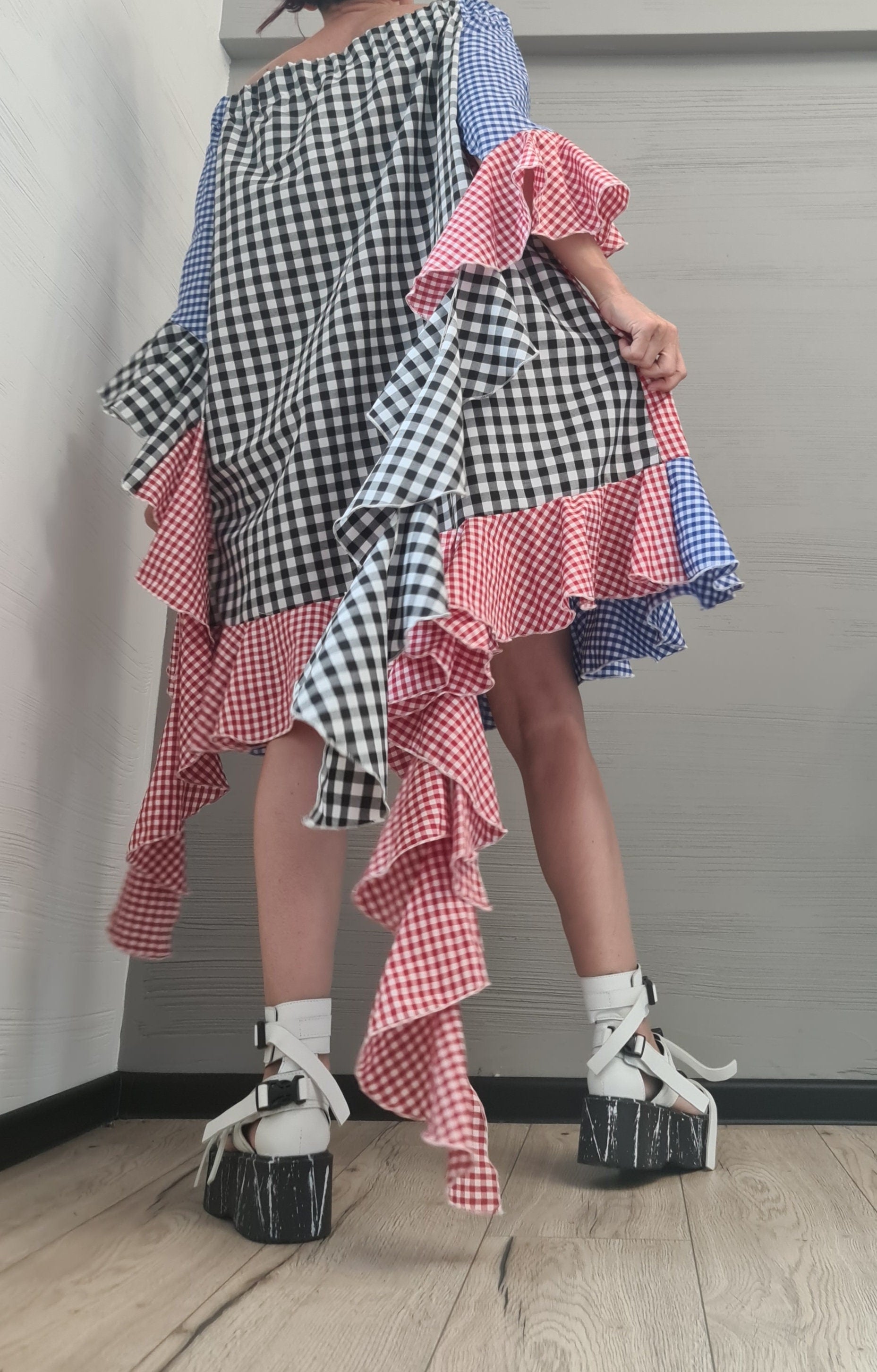 New collection, Extravagant  Dress, Plaid dress, Plus Size Clothing, Asymmetric Dress, Knee Length Dress