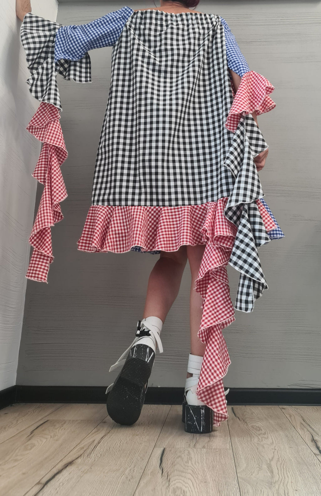 New collection, Extravagant  Dress, Plaid dress, Plus Size Clothing, Asymmetric Dress, Knee Length Dress