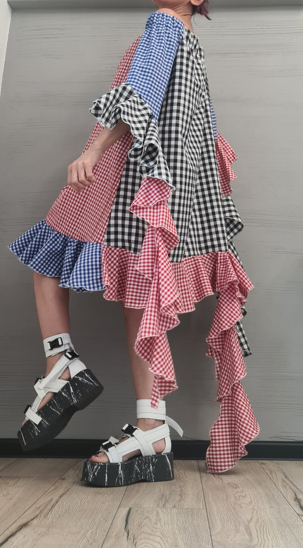 New collection, Extravagant  Dress, Plaid dress, Plus Size Clothing, Asymmetric Dress, Knee Length Dress