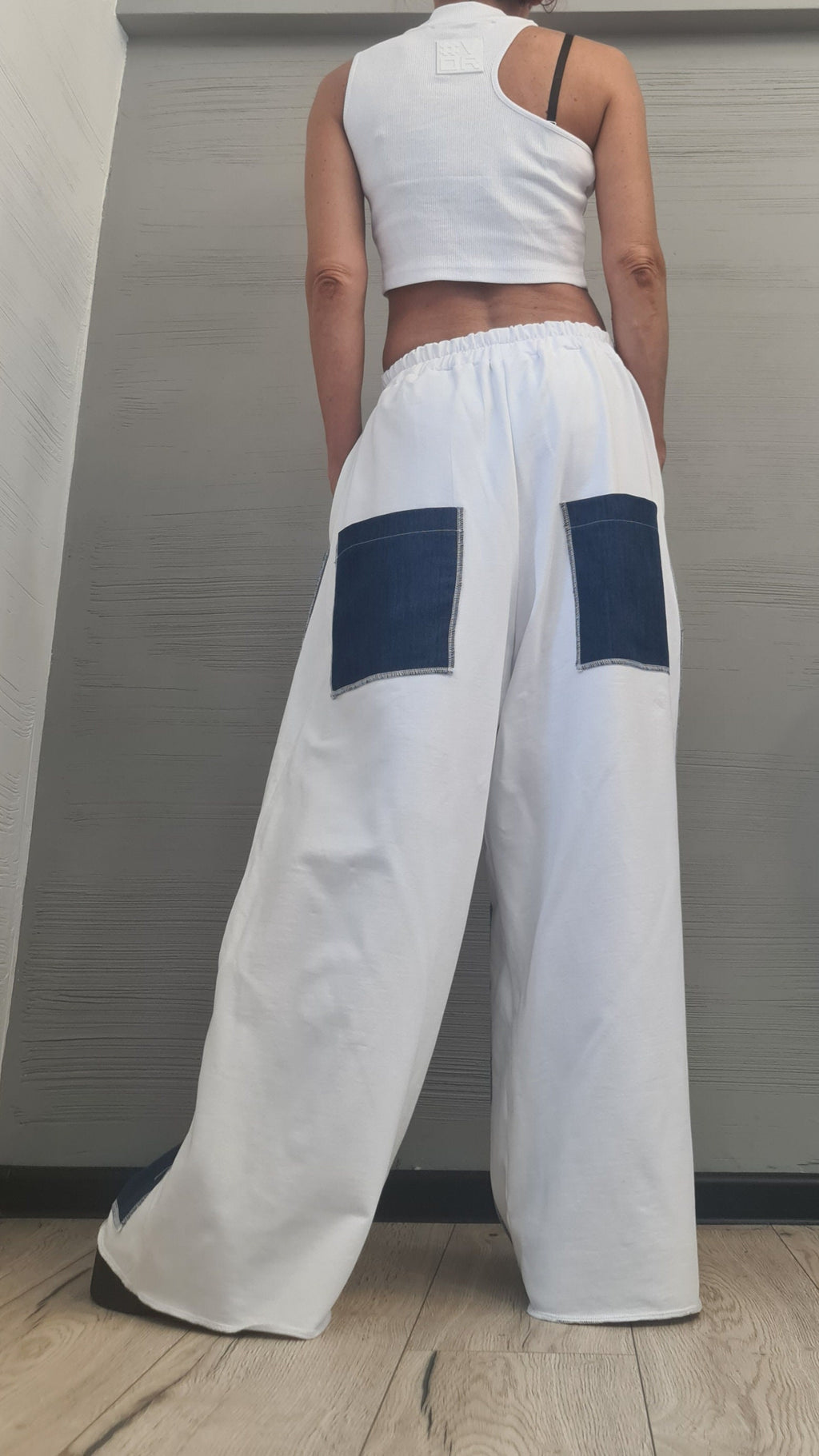 White cotton & Denim, Avant Garde Loose Pants, Harem Pants Women, Extravagant Cotton Pants, Drop Crotch Pants, Loose Trousers
