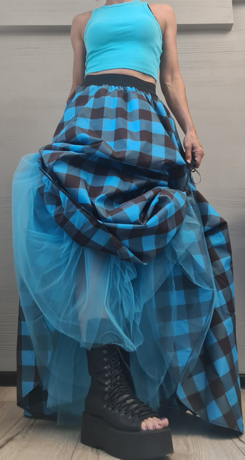 Plaid Grunge Skirt Women, Gothic Skirt, Asymmetric Skirt, Long Short Skirt, High Tulle Skirt, turquoise blue & brown plaid