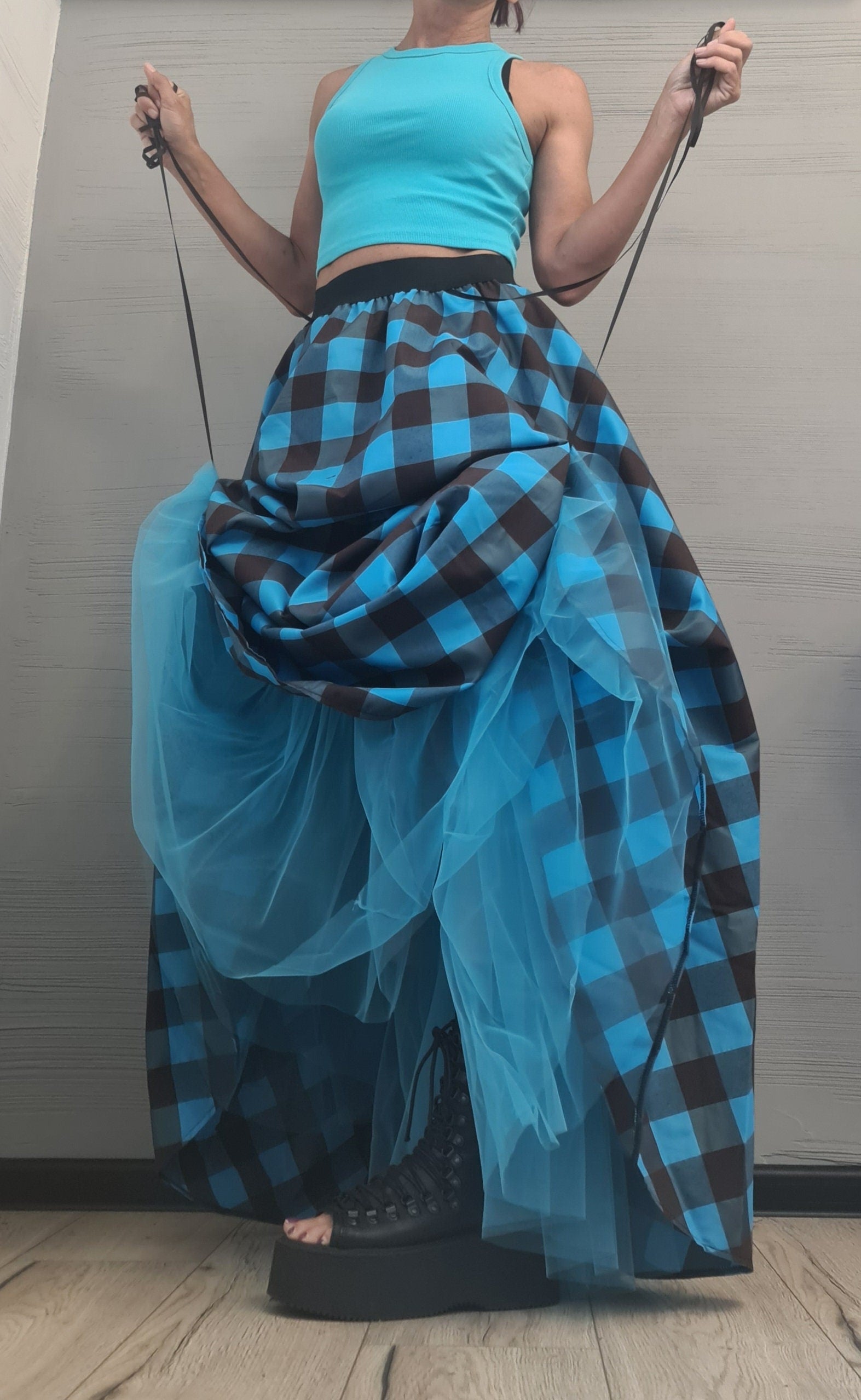 Plaid Grunge Skirt Women, Gothic Skirt, Asymmetric Skirt, Long Short Skirt, High Tulle Skirt, turquoise blue & brown plaid