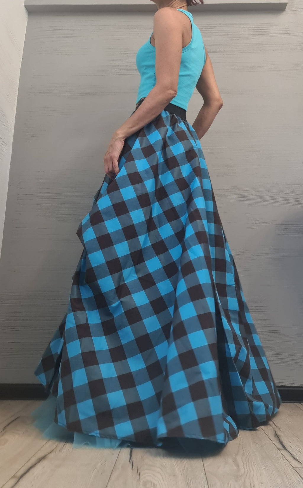 Plaid Grunge Skirt Women, Gothic Skirt, Asymmetric Skirt, Long Short Skirt, High Tulle Skirt, turquoise blue & brown plaid