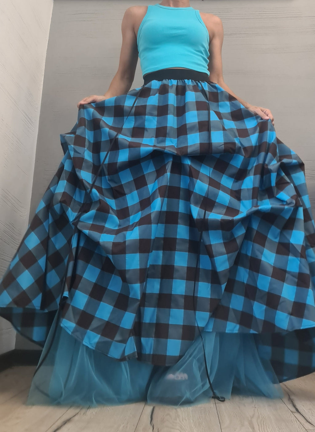 Plaid Grunge Skirt Women, Gothic Skirt, Asymmetric Skirt, Long Short Skirt, High Tulle Skirt, turquoise blue & brown plaid