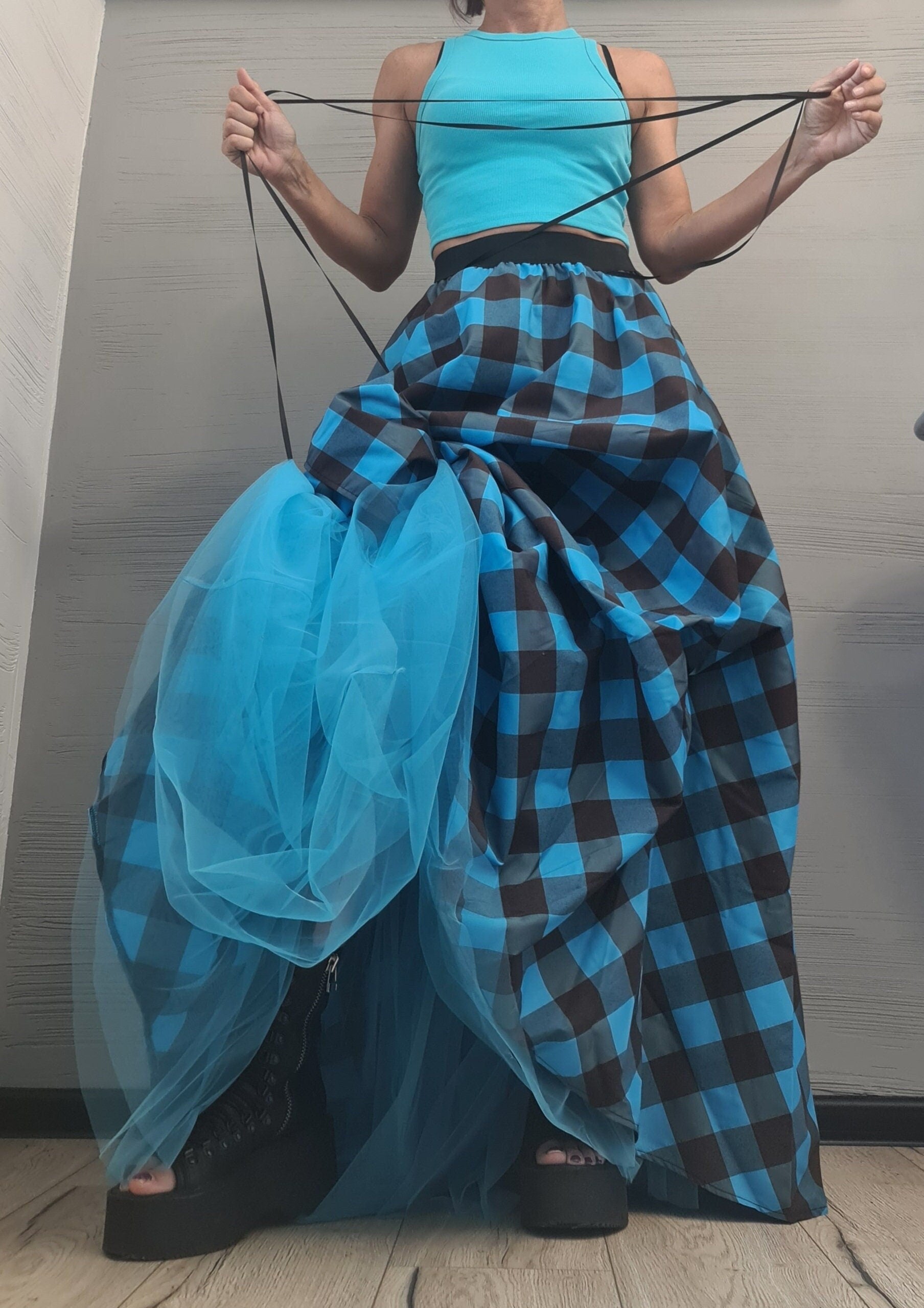 Plaid Grunge Skirt Women, Gothic Skirt, Asymmetric Skirt, Long Short Skirt, High Tulle Skirt, turquoise blue & brown plaid