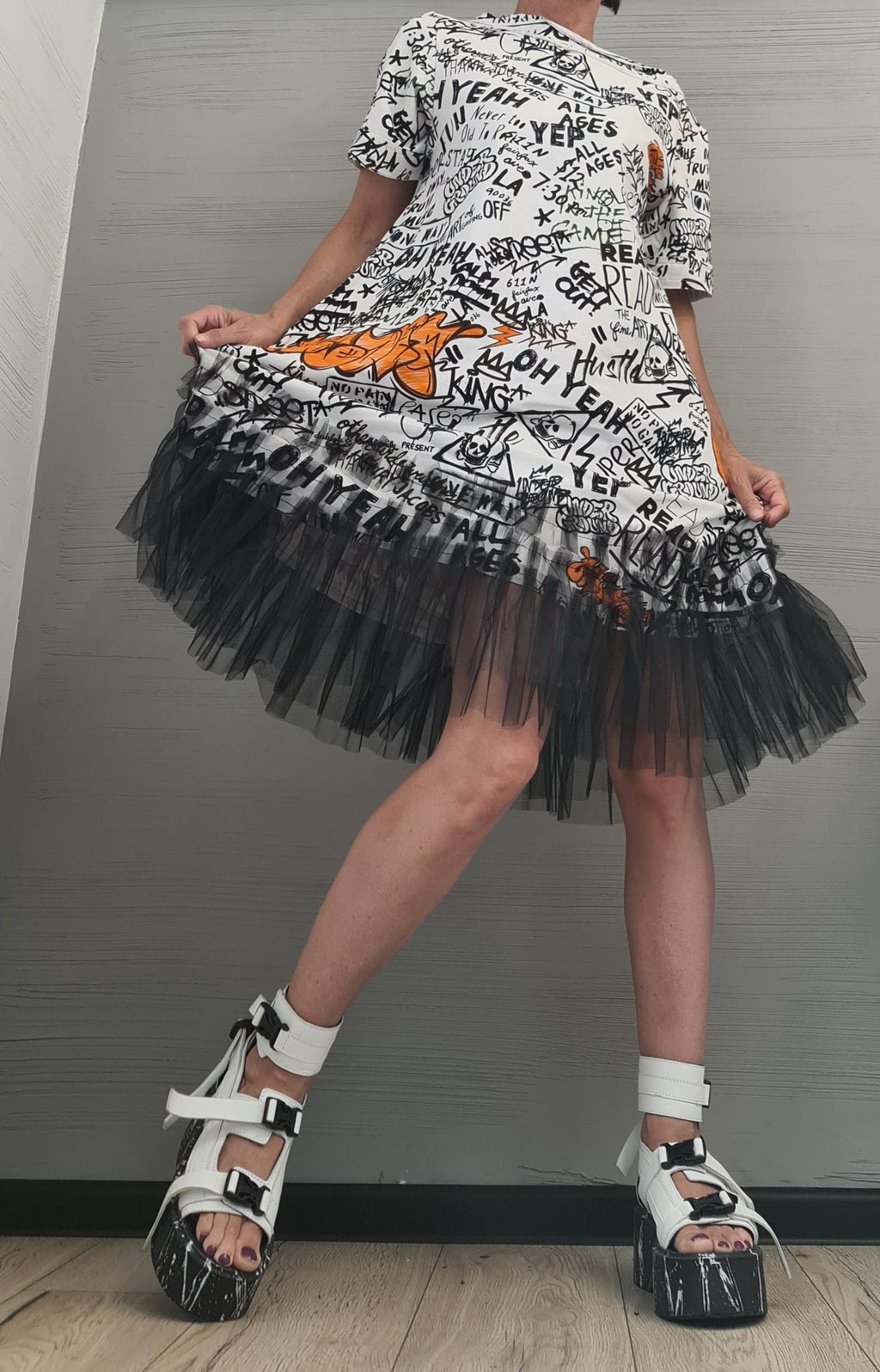 Dress with print, Dress Tunic, Avant Garde Loose Dress, Deconstructed Oversize Dress, Dress with tulle