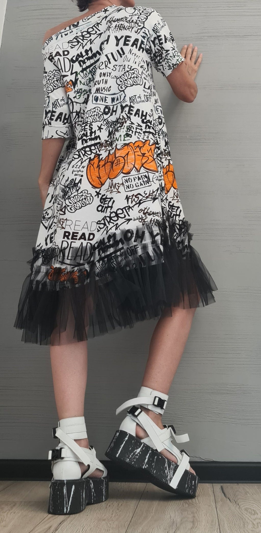 Dress with print, Dress Tunic, Avant Garde Loose Dress, Deconstructed Oversize Dress, Dress with tulle