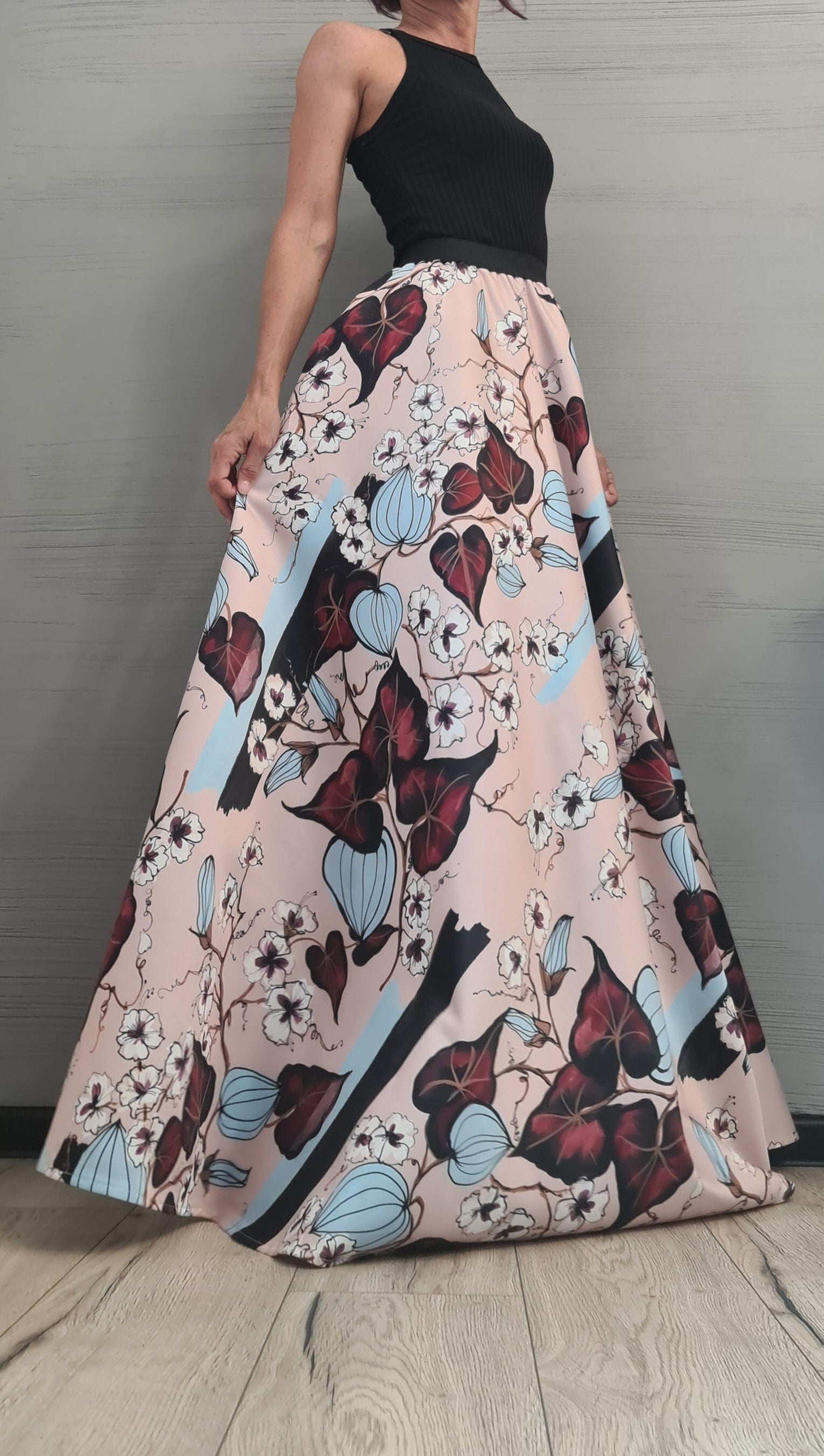 Satin Ball Skirt, Cocktail Skirt, Gothic Skirt, Circle Skirt, Wedding Skirt, Floral print