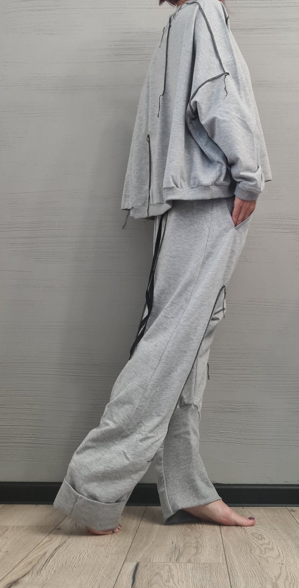 New collection Extravagant Grey Women Cotton Set, Harem Pants, Loose Set, Asymmetrical Set