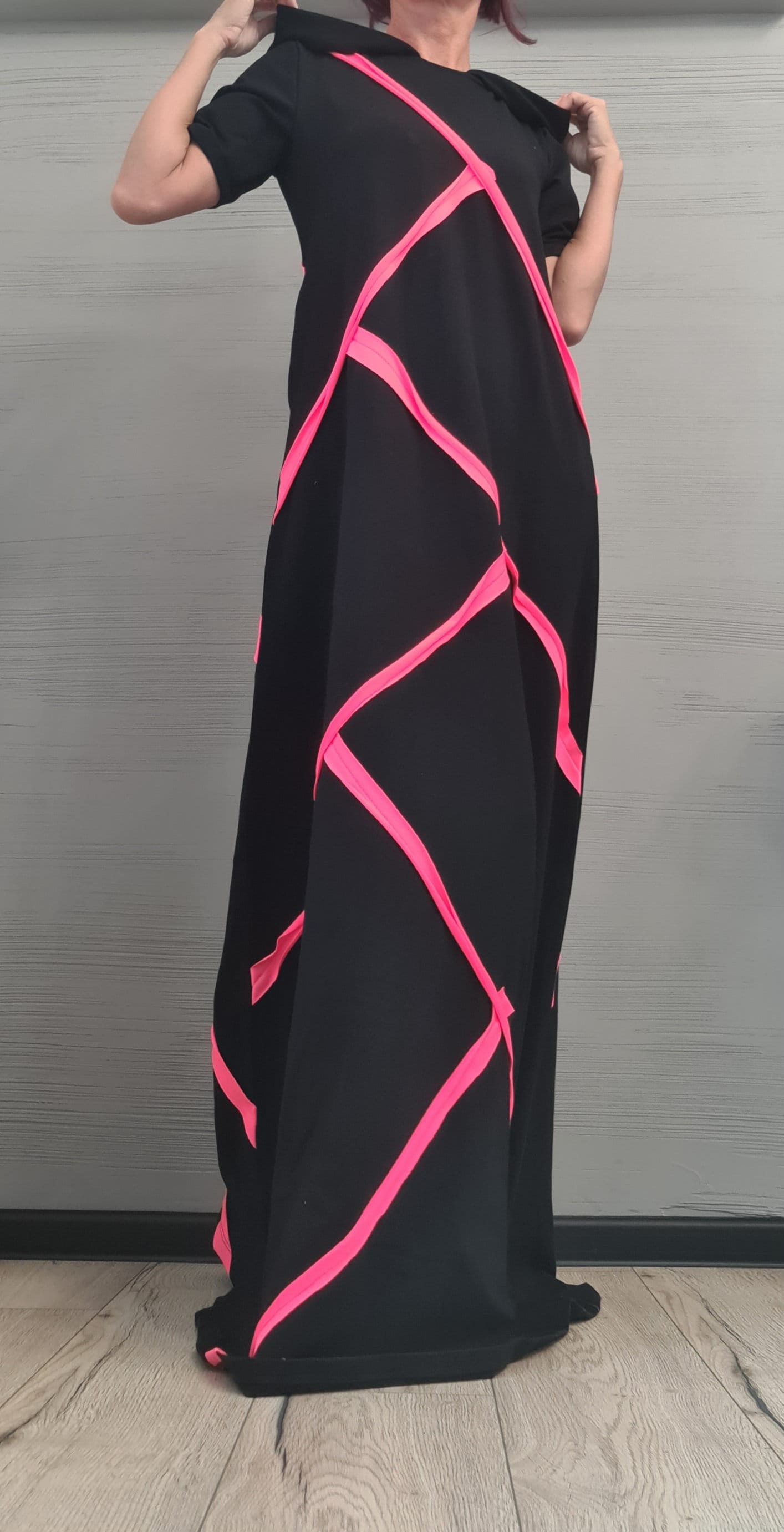 Long Black Hooded Dress, Loose Dress, Cotton Extravagant Dress, Short sleeve Dress, New collection Dress with neon stripes