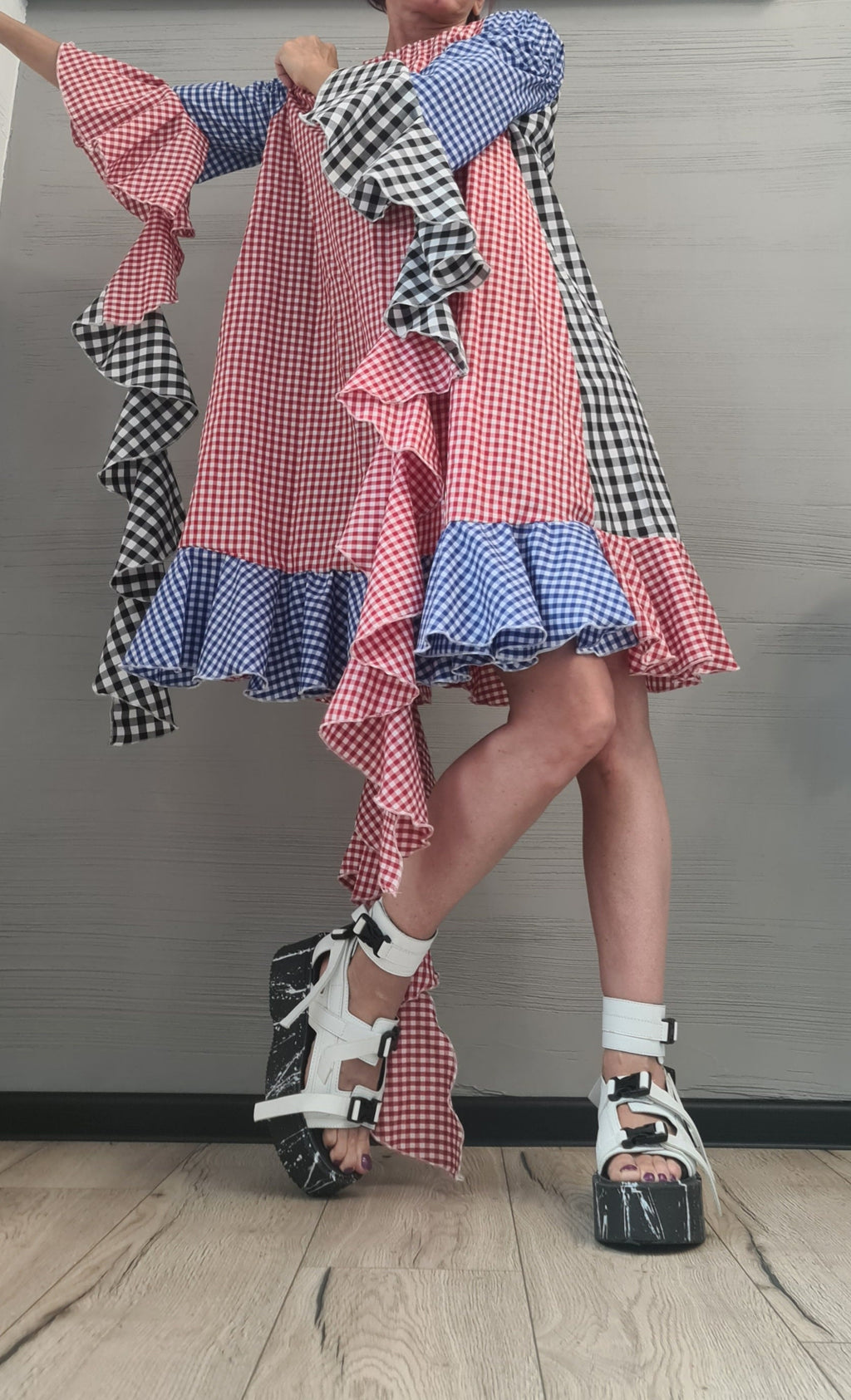 New collection, Extravagant  Dress, Plaid dress, Plus Size Clothing, Asymmetric Dress, Knee Length Dress