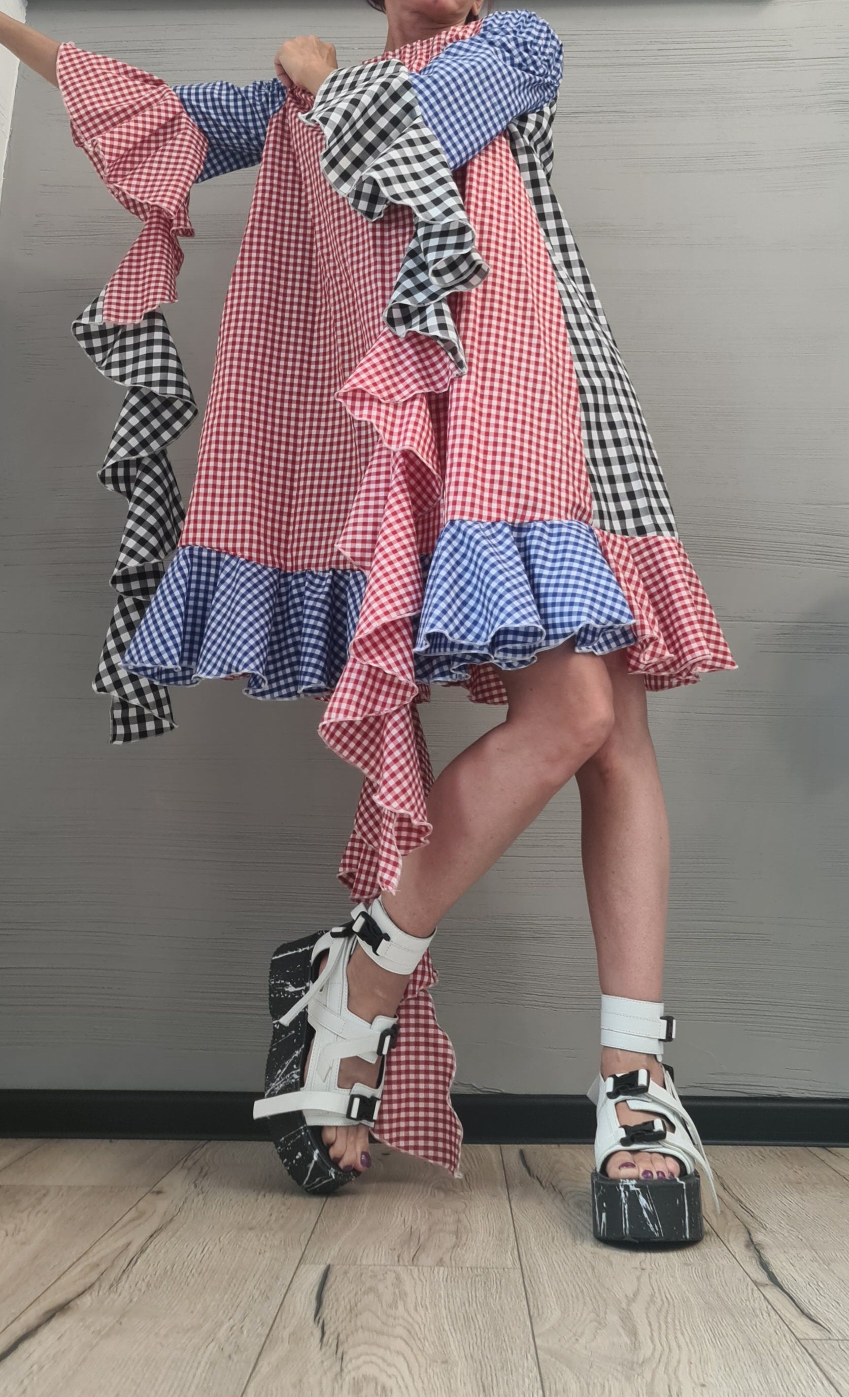 New collection, Extravagant  Dress, Plaid dress, Plus Size Clothing, Asymmetric Dress, Knee Length Dress