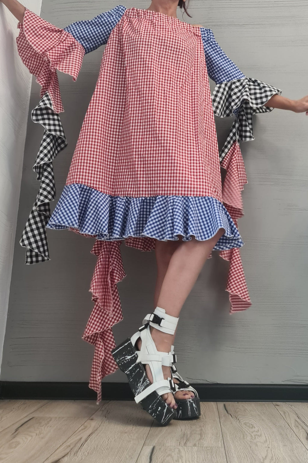 New collection, Extravagant  Dress, Plaid dress, Plus Size Clothing, Asymmetric Dress, Knee Length Dress