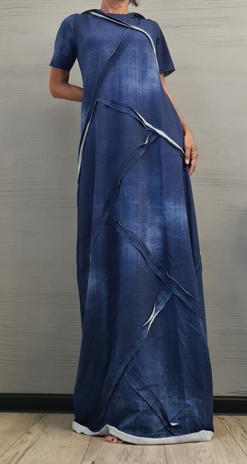 Long Hooded Dress, Loose Dress, Cotton Extravagant Dress, Short sleeve Dress, New collection, Cotton with printed denim