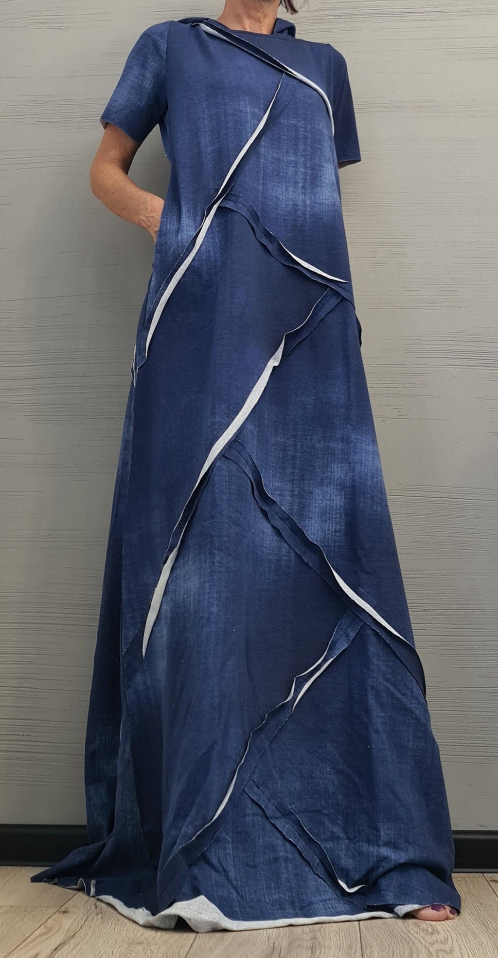 Long Hooded Dress, Loose Dress, Cotton Extravagant Dress, Short sleeve Dress, New collection, Cotton with printed denim