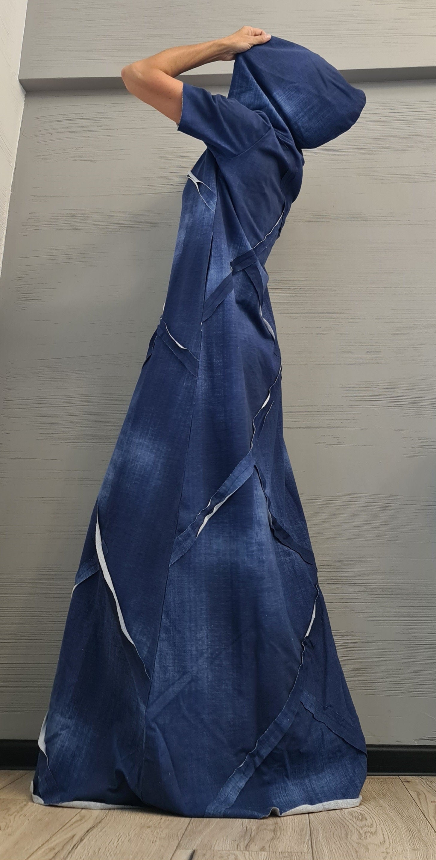 Long Hooded Dress, Loose Dress, Cotton Extravagant Dress, Short sleeve Dress, New collection, Cotton with printed denim