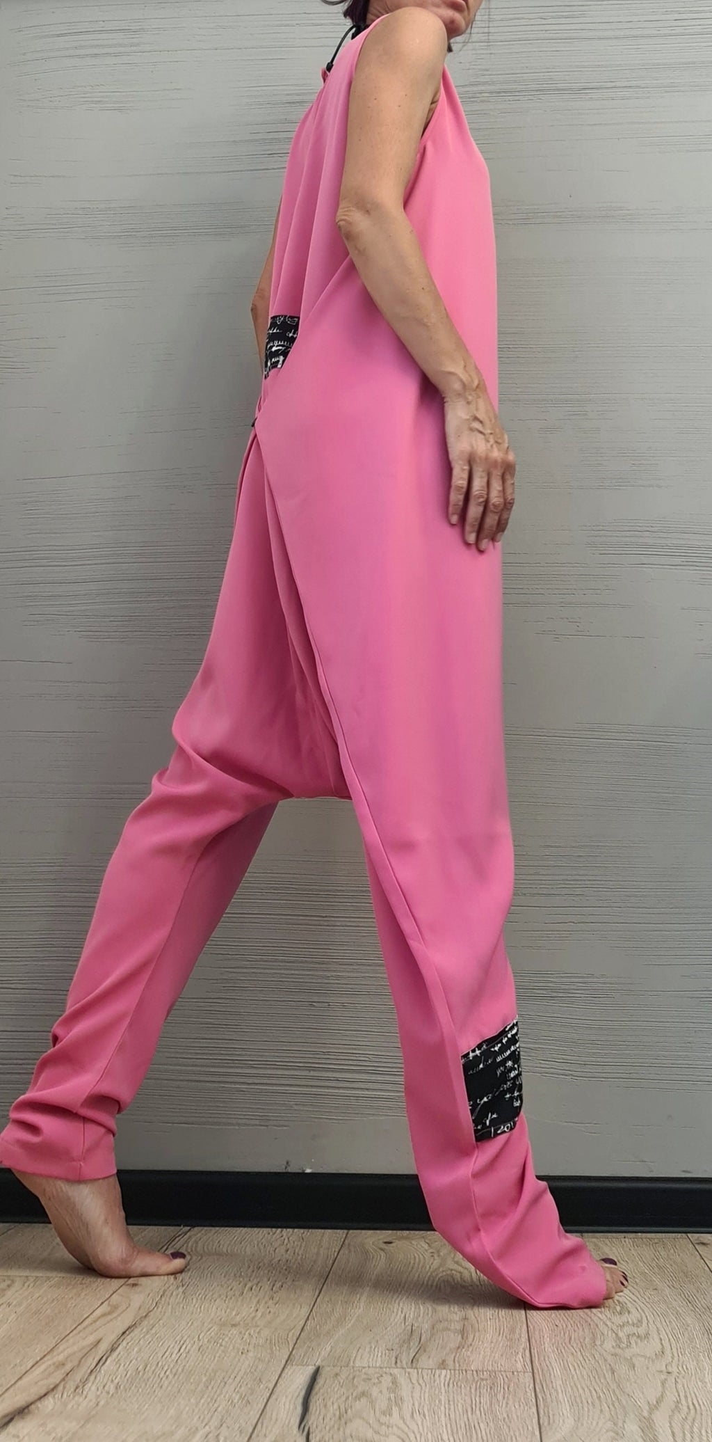 Think pink Asymmetric long Jumpsuit, Harem Jumpsuit, Extravagant Wide Leg Overall, Steampunk Jumpsuit, Sleeveless Jumpsuit
