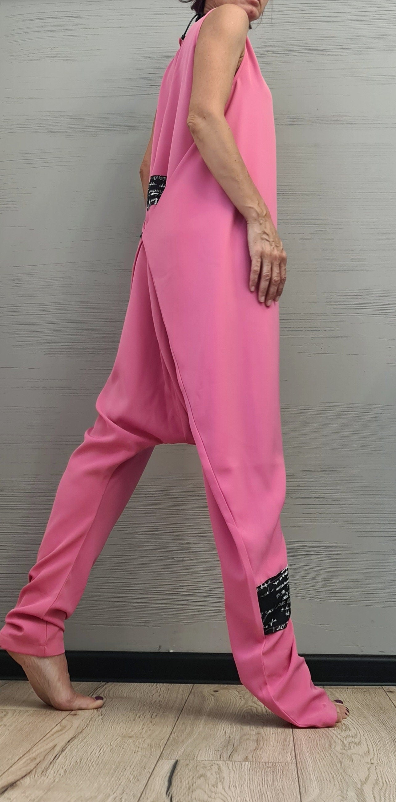 Think pink Asymmetric long Jumpsuit, Harem Jumpsuit, Extravagant Wide Leg Overall, Steampunk Jumpsuit, Sleeveless Jumpsuit