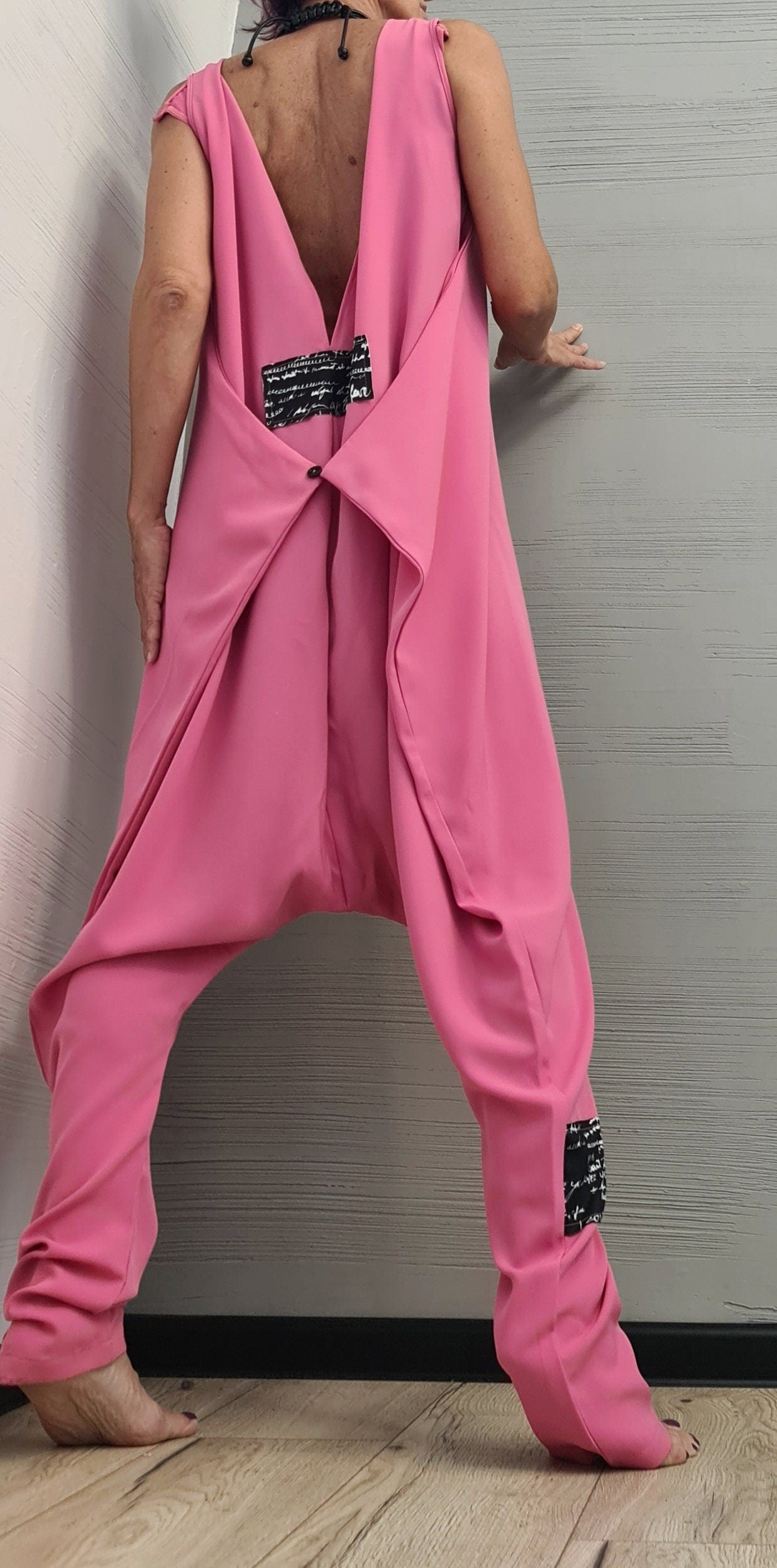 Think pink Asymmetric long Jumpsuit, Harem Jumpsuit, Extravagant Wide Leg Overall, Steampunk Jumpsuit, Sleeveless Jumpsuit